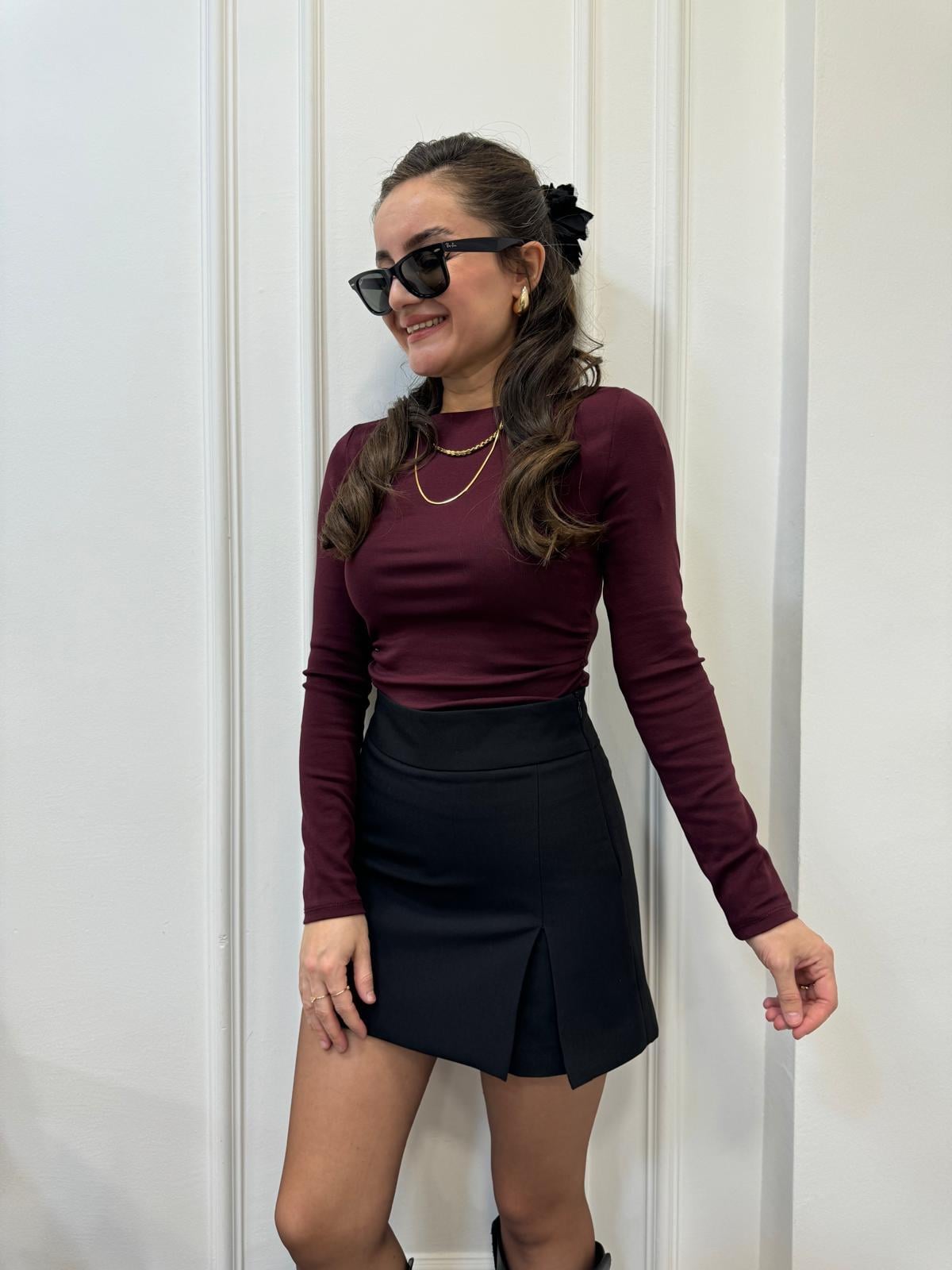 Bordo Kayık Yaka Yan Drapeli Bluz 31401