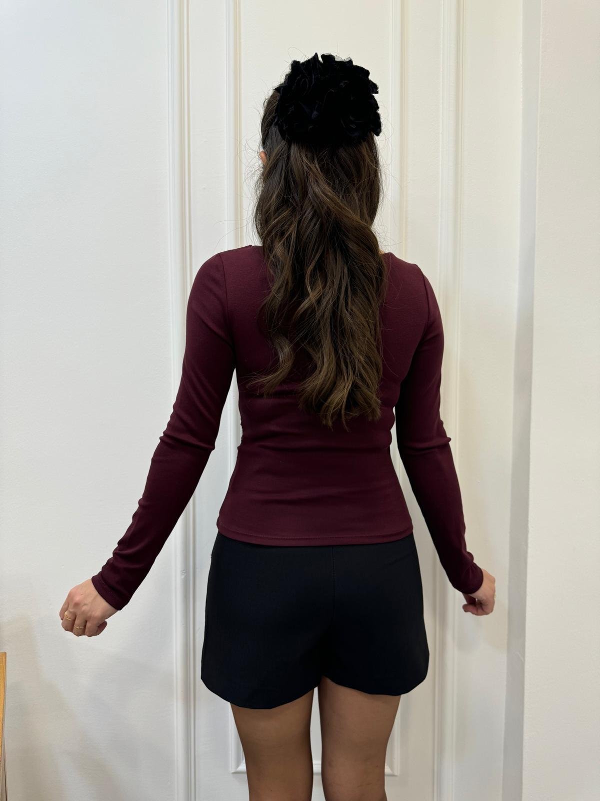 Bordo Kayık Yaka Yan Drapeli Bluz 31401