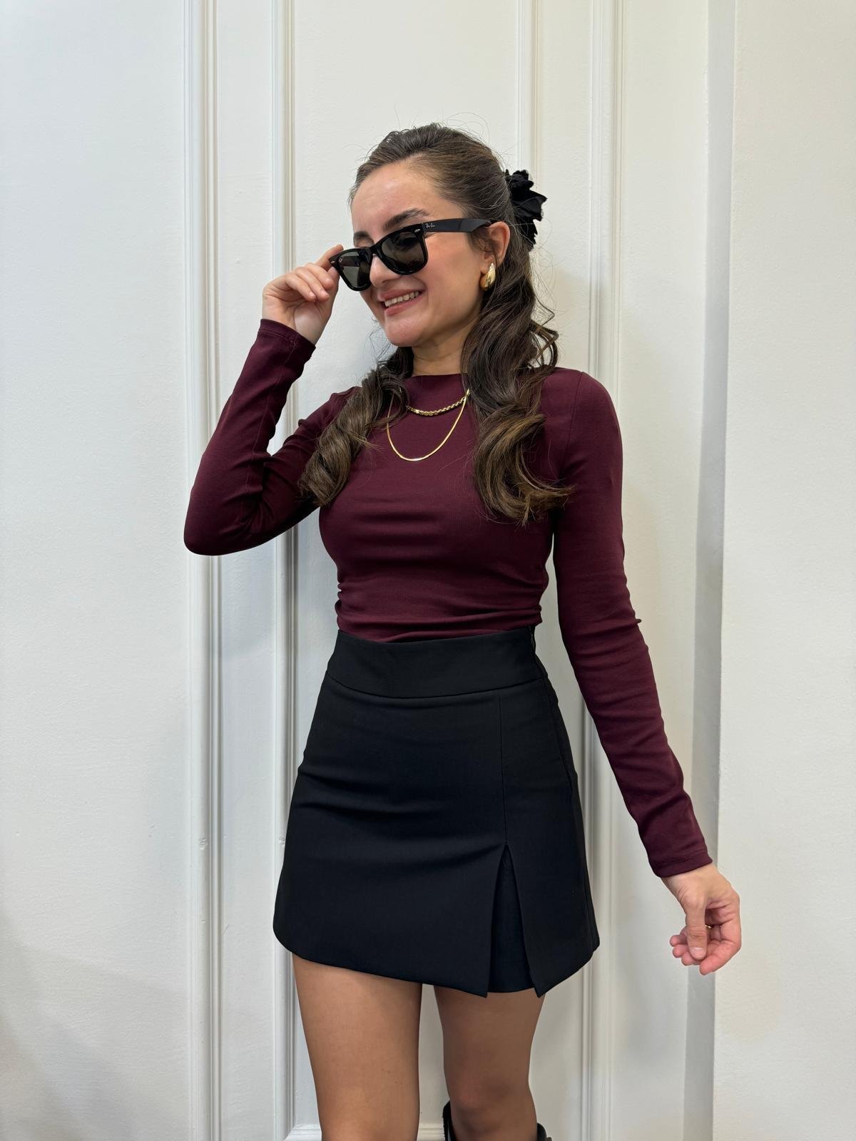 Bordo Kayık Yaka Yan Drapeli Bluz 31401