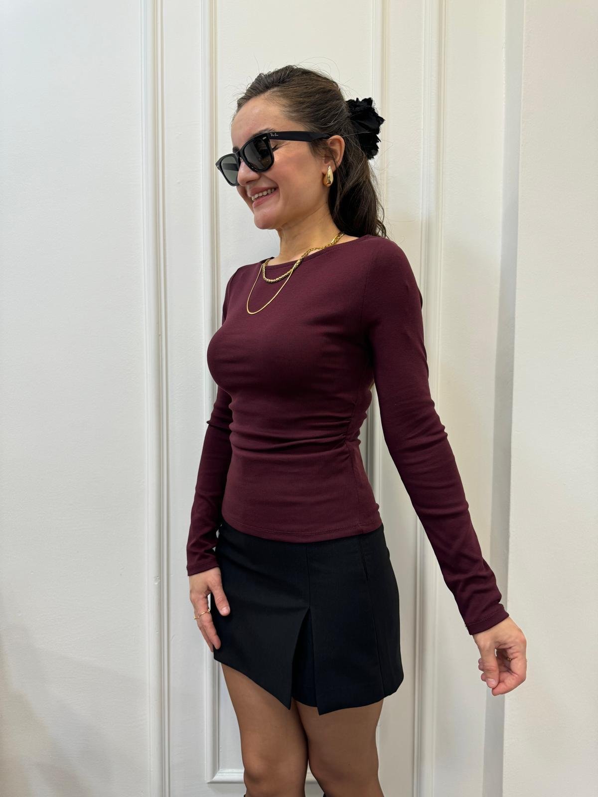 Bordo Kayık Yaka Yan Drapeli Bluz 31401