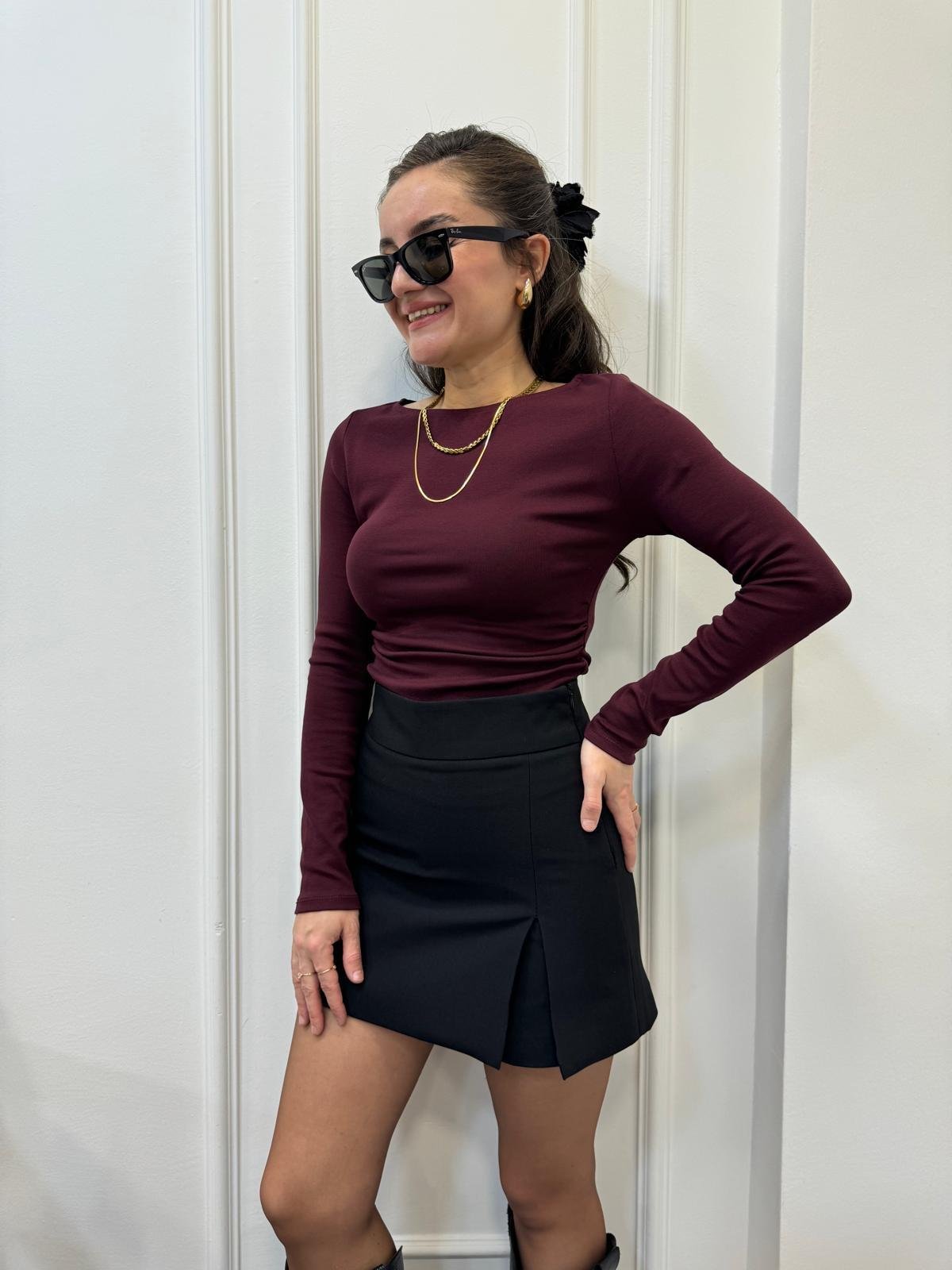 Bordo Kayık Yaka Yan Drapeli Bluz 31401