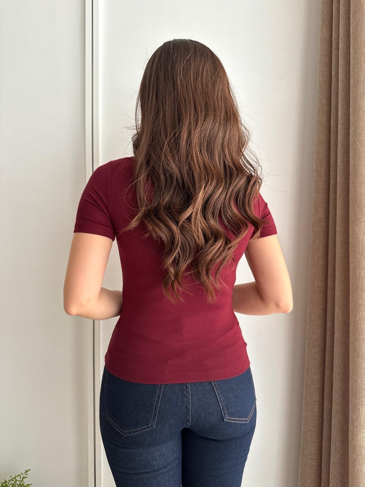 Bordo Kayık Yaka Yarım Kol Bluz 5219