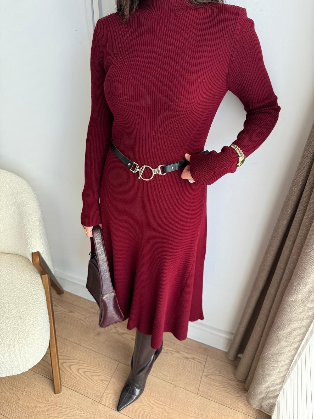 Bordo Kemerli Kloş Kesim Triko Elbise 22455