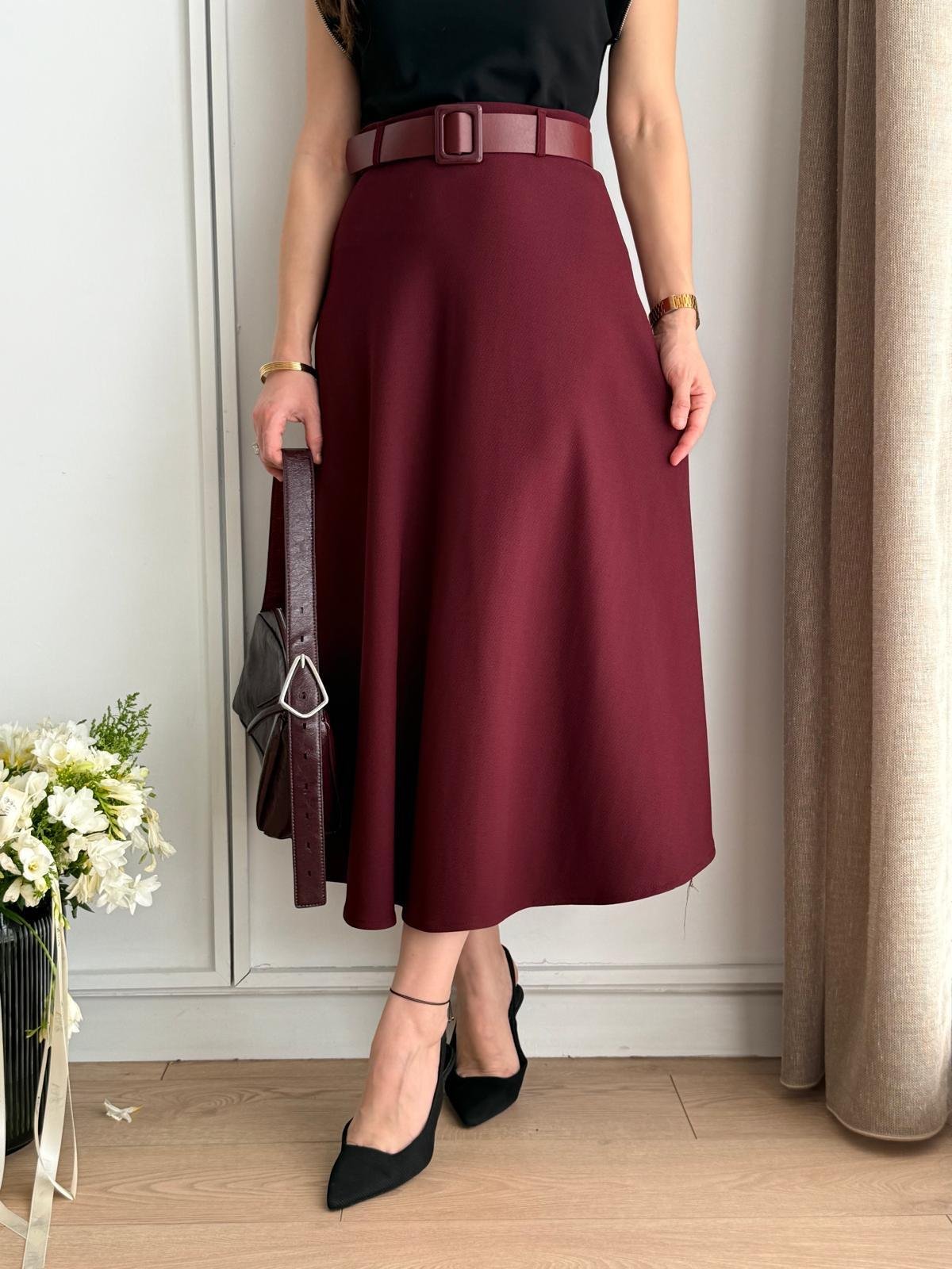 Bordo Kemerli Midi Boy Kloş Etek 7160