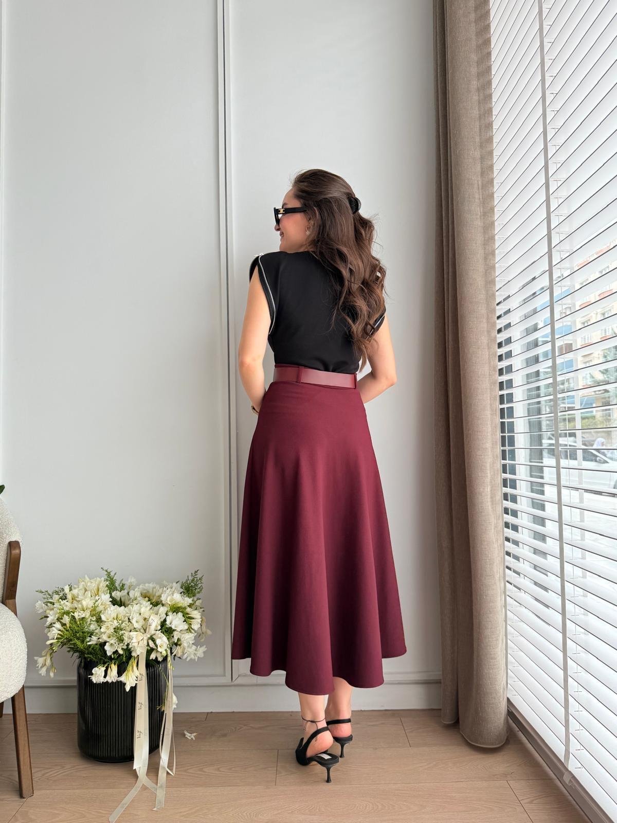 Bordo Kemerli Midi Boy Kloş Etek 7160