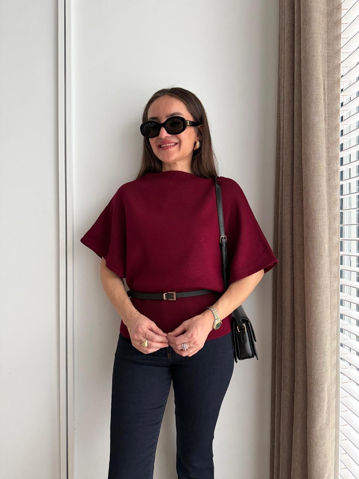 Bordo Kemerli Yarasa Kol Kazak 2741