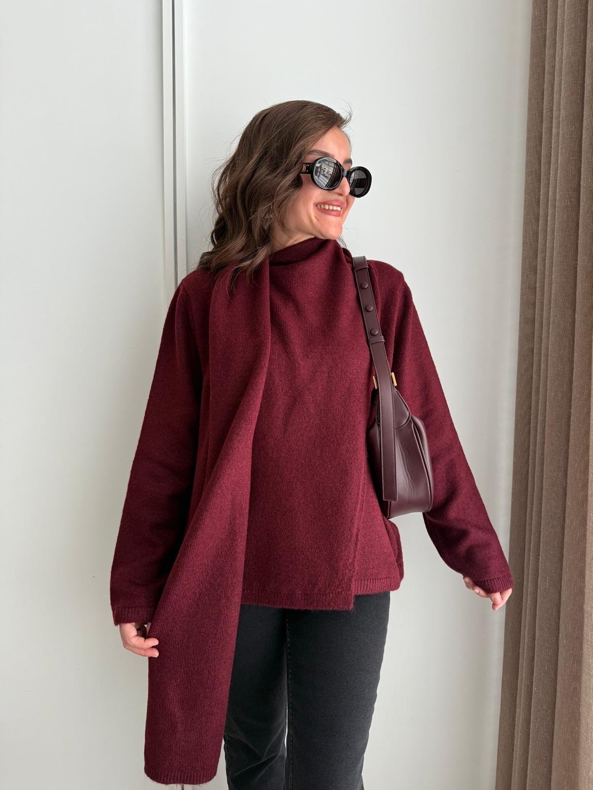 Bordo Kendinden Şallı Triko Kazak 241240