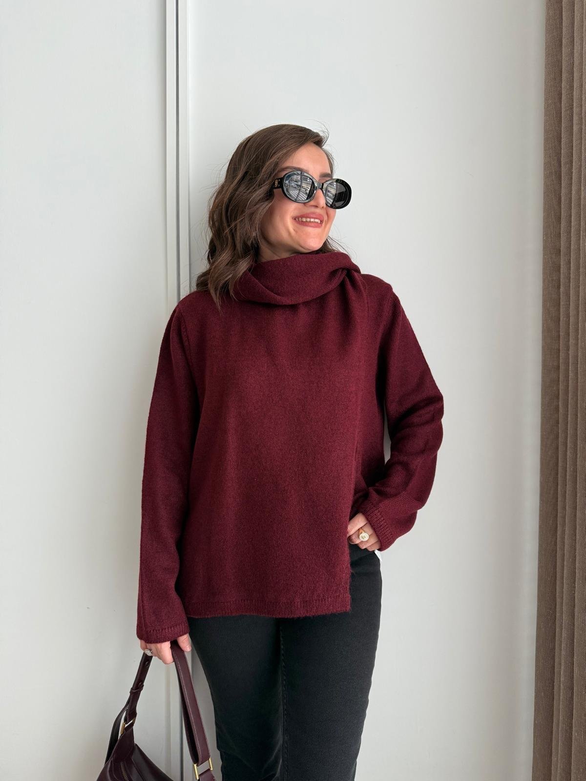 Bordo Kendinden Şallı Triko Kazak 241240