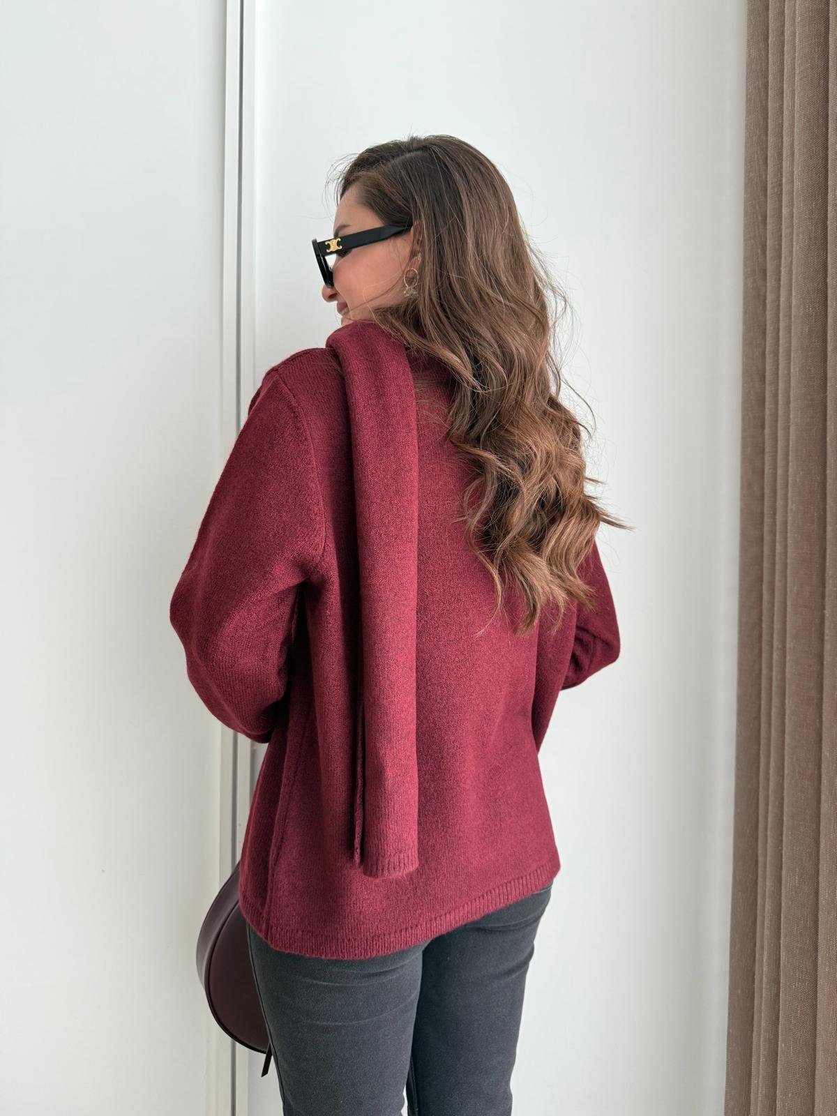 Bordo Kendinden Şallı Triko Kazak 241240