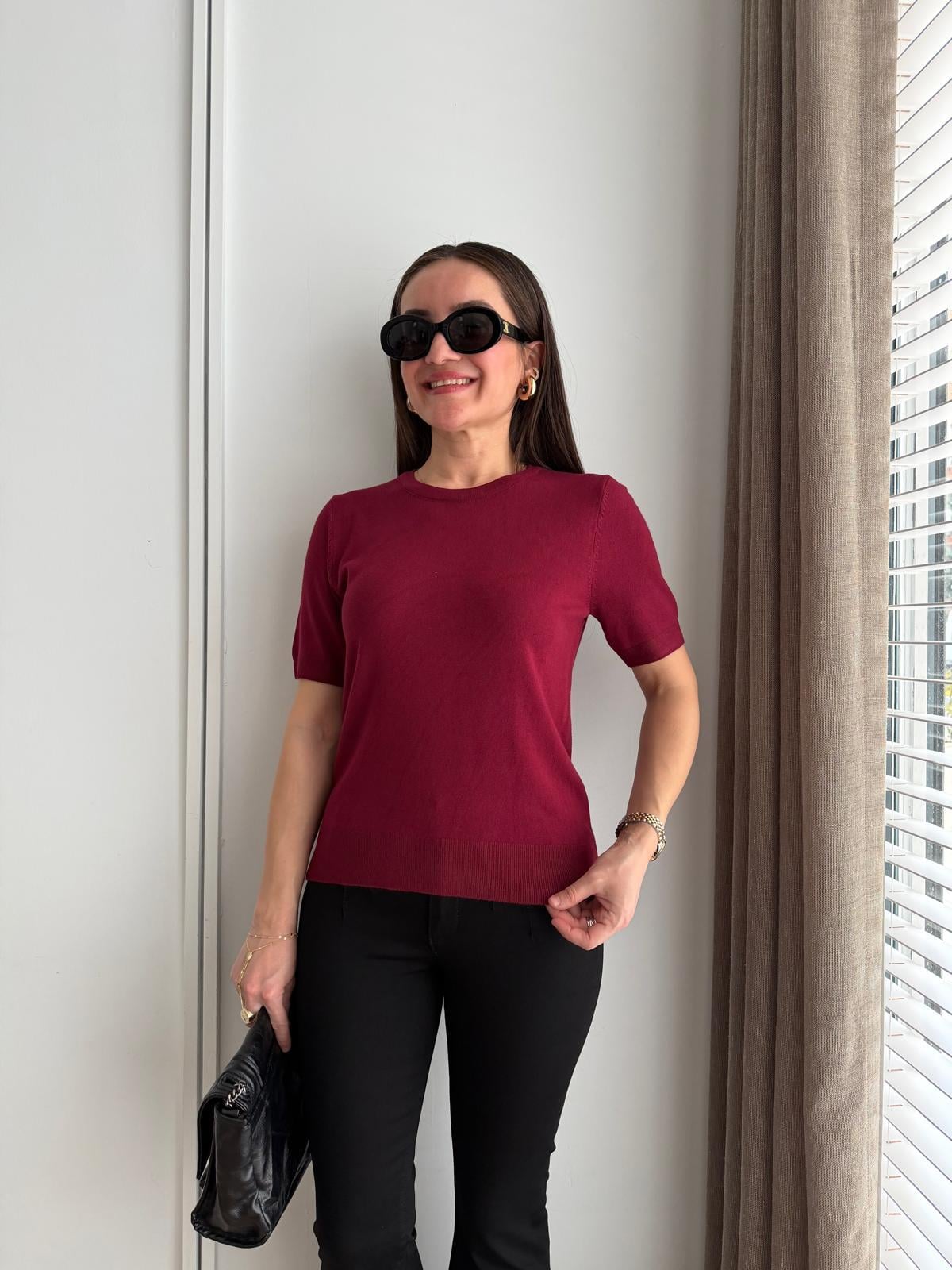 Bordo Kısa Kollu Basic Triko Bluz 10779