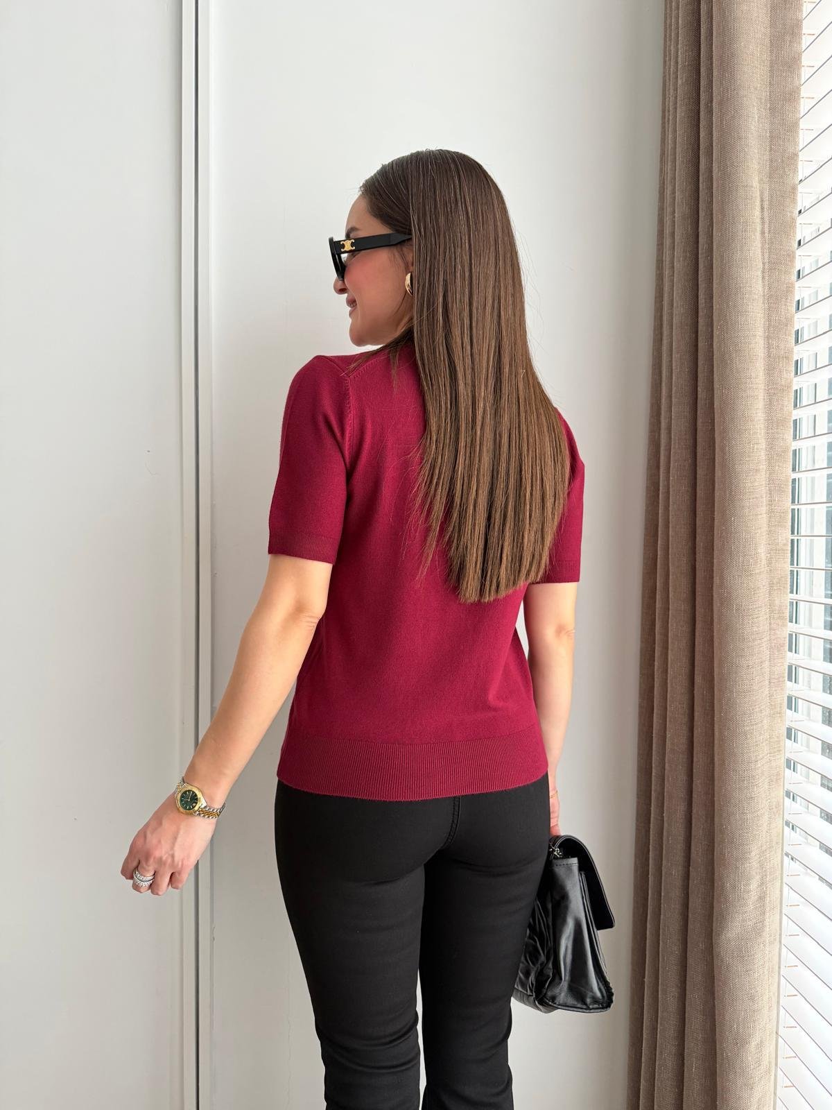 Bordo Kısa Kollu Basic Triko Bluz 10779