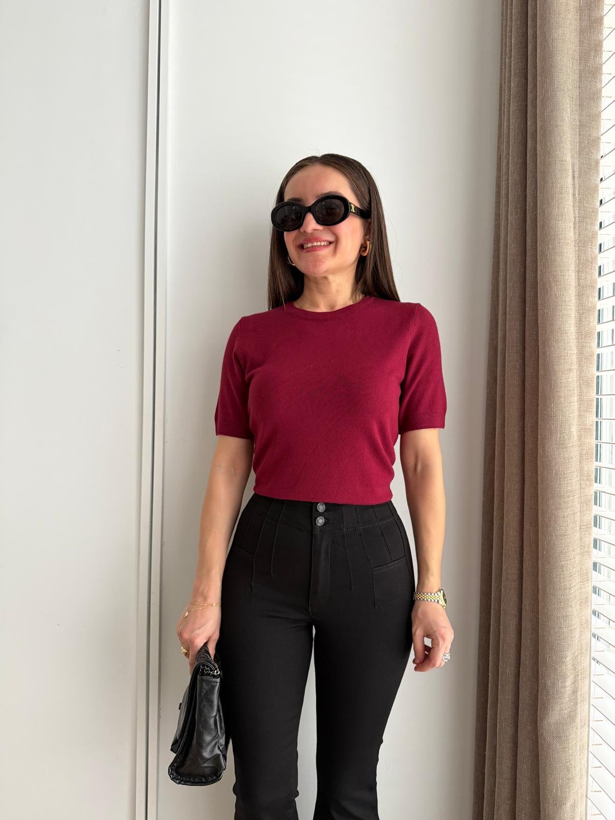 Bordo Kısa Kollu Basic Triko Bluz 10779