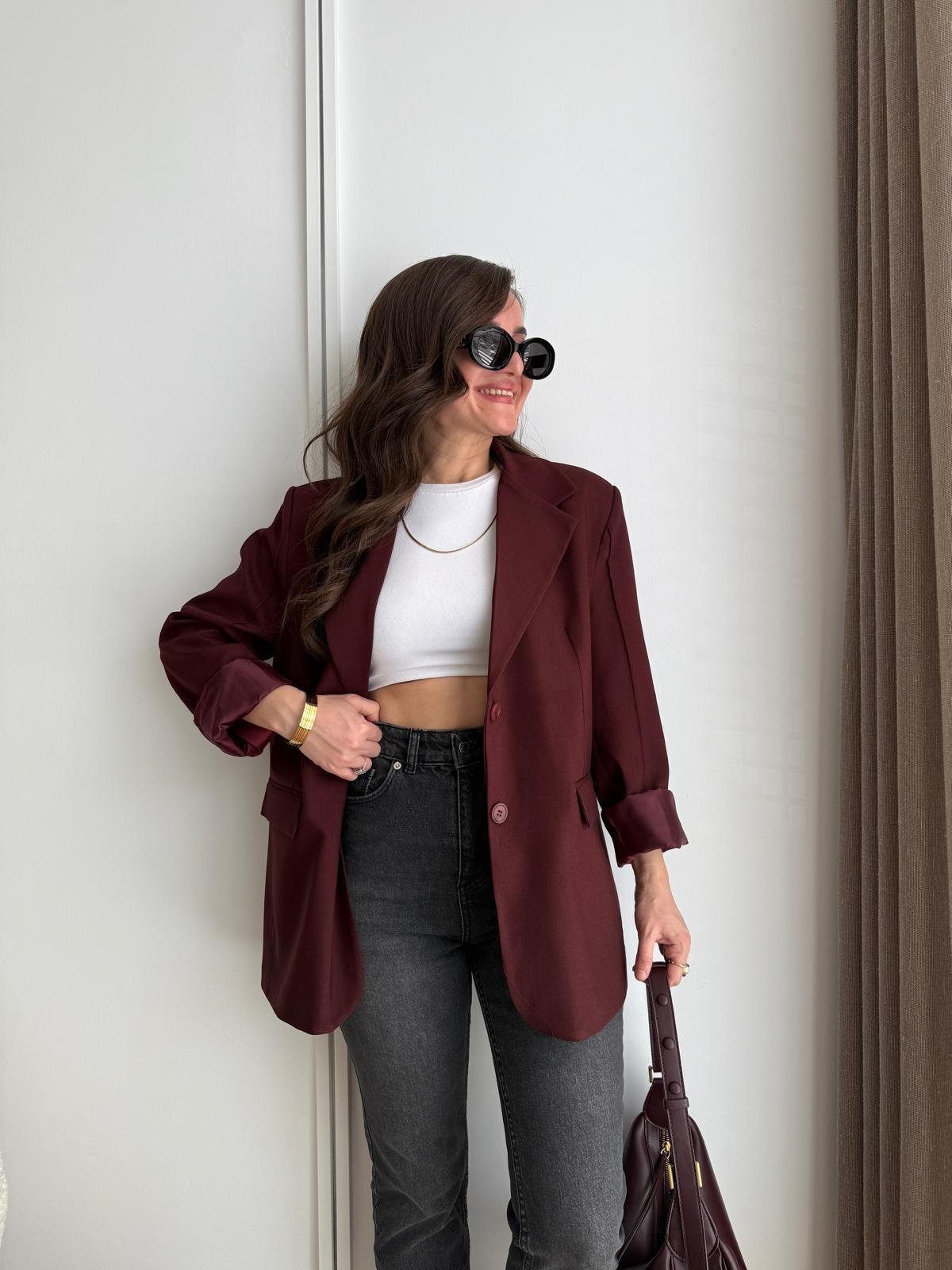 Bordo Kol Dikiş Detaylı Düğmeli Blazer Ceket 7450