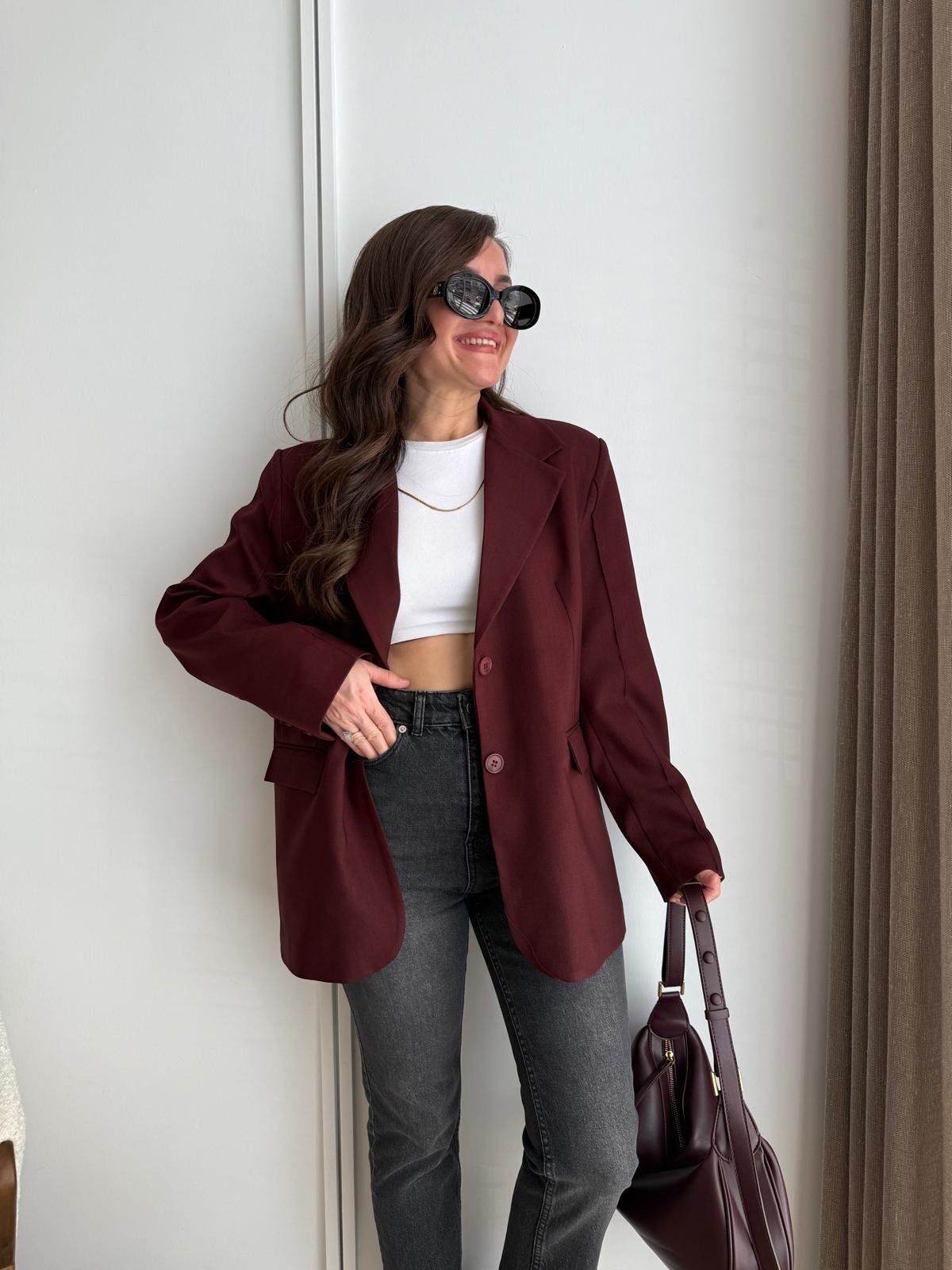 Bordo Kol Dikiş Detaylı Düğmeli Blazer Ceket 7450