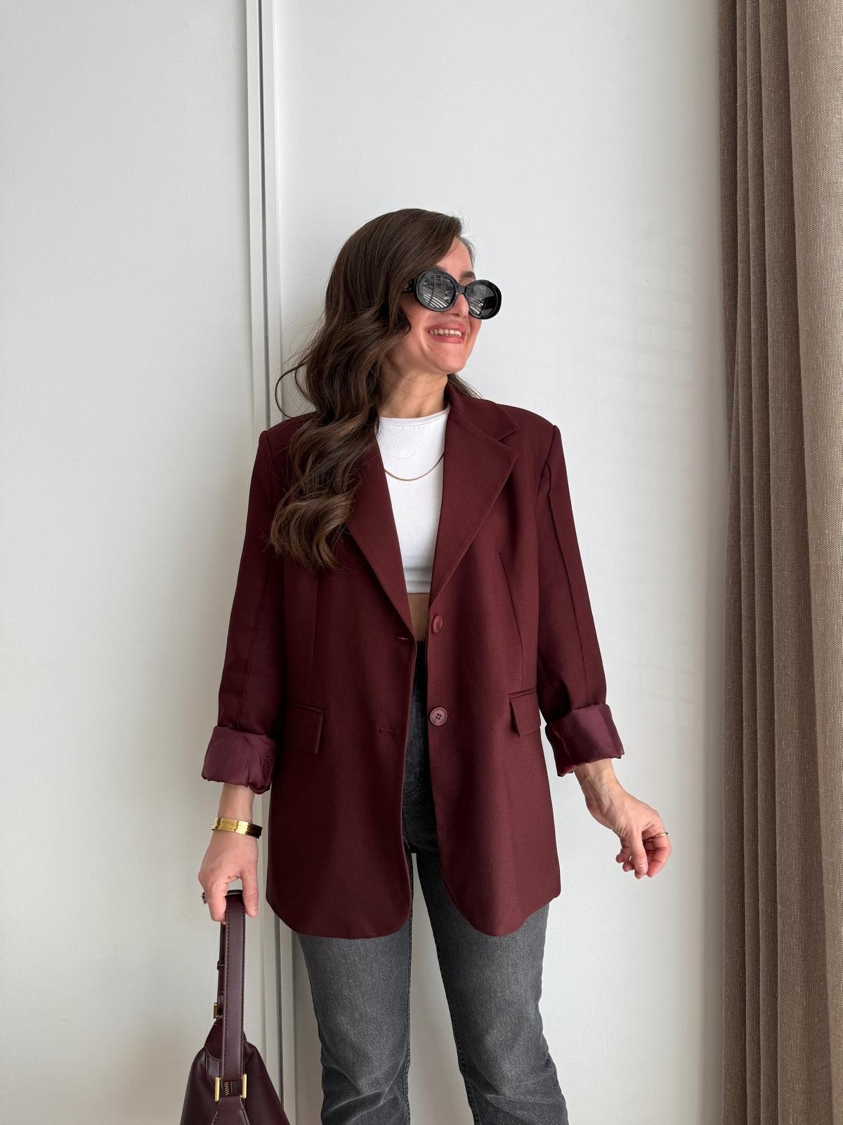 Bordo Kol Dikiş Detaylı Düğmeli Blazer Ceket 7450