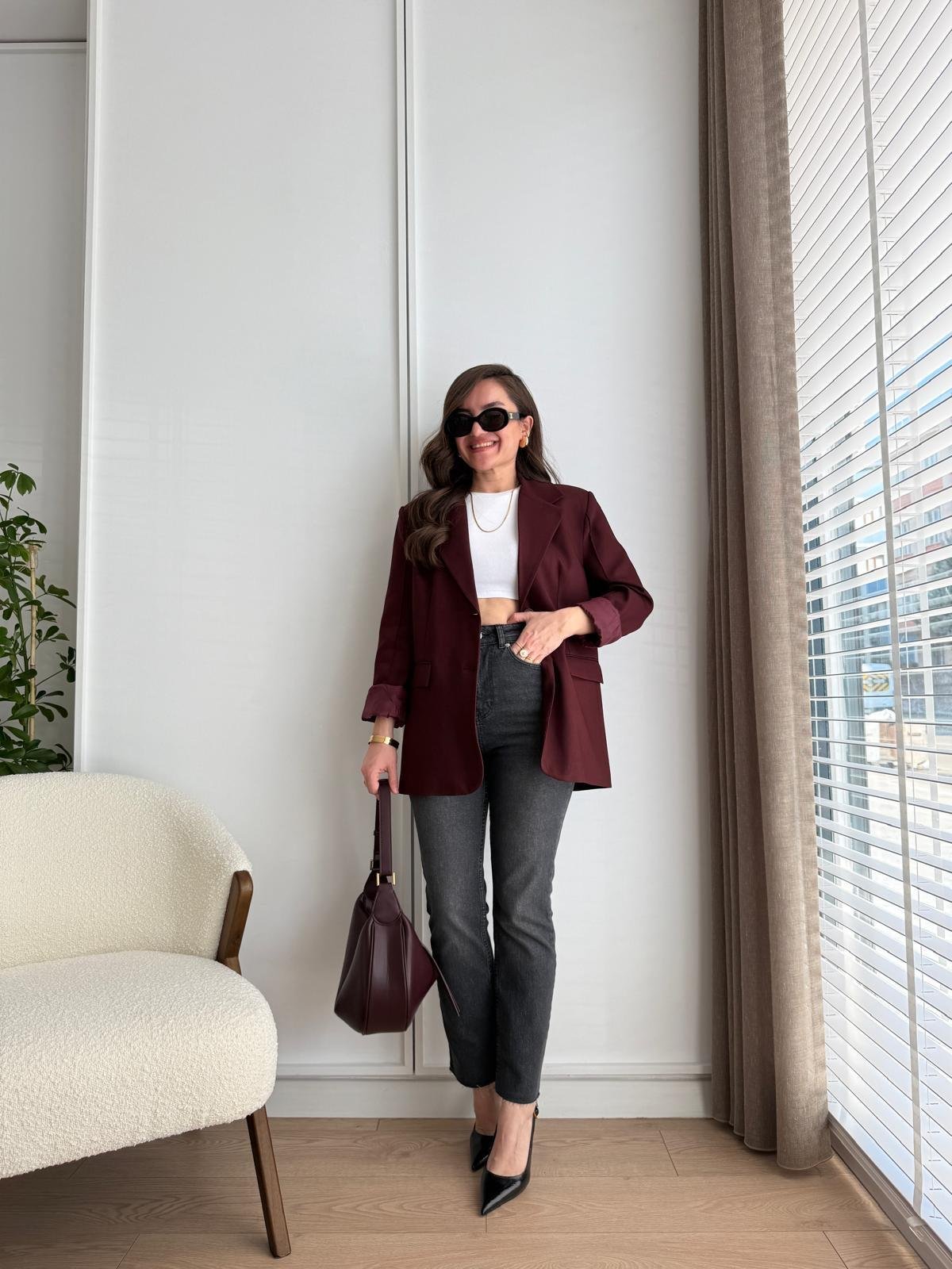 Bordo Kol Dikiş Detaylı Düğmeli Blazer Ceket 7450