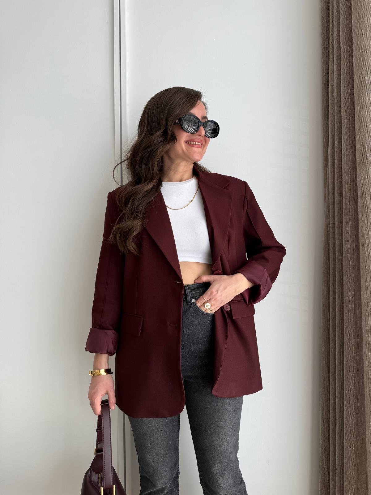 Bordo Kol Dikiş Detaylı Düğmeli Blazer Ceket 7450