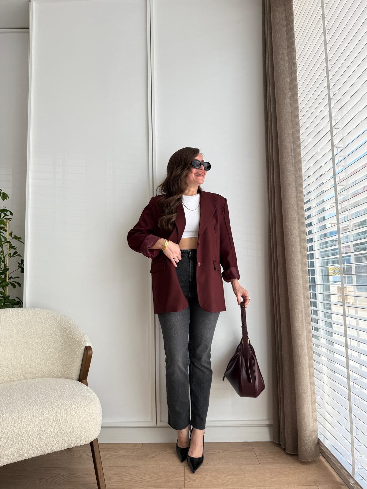 Bordo Kol Dikiş Detaylı Düğmeli Blazer Ceket 7450
