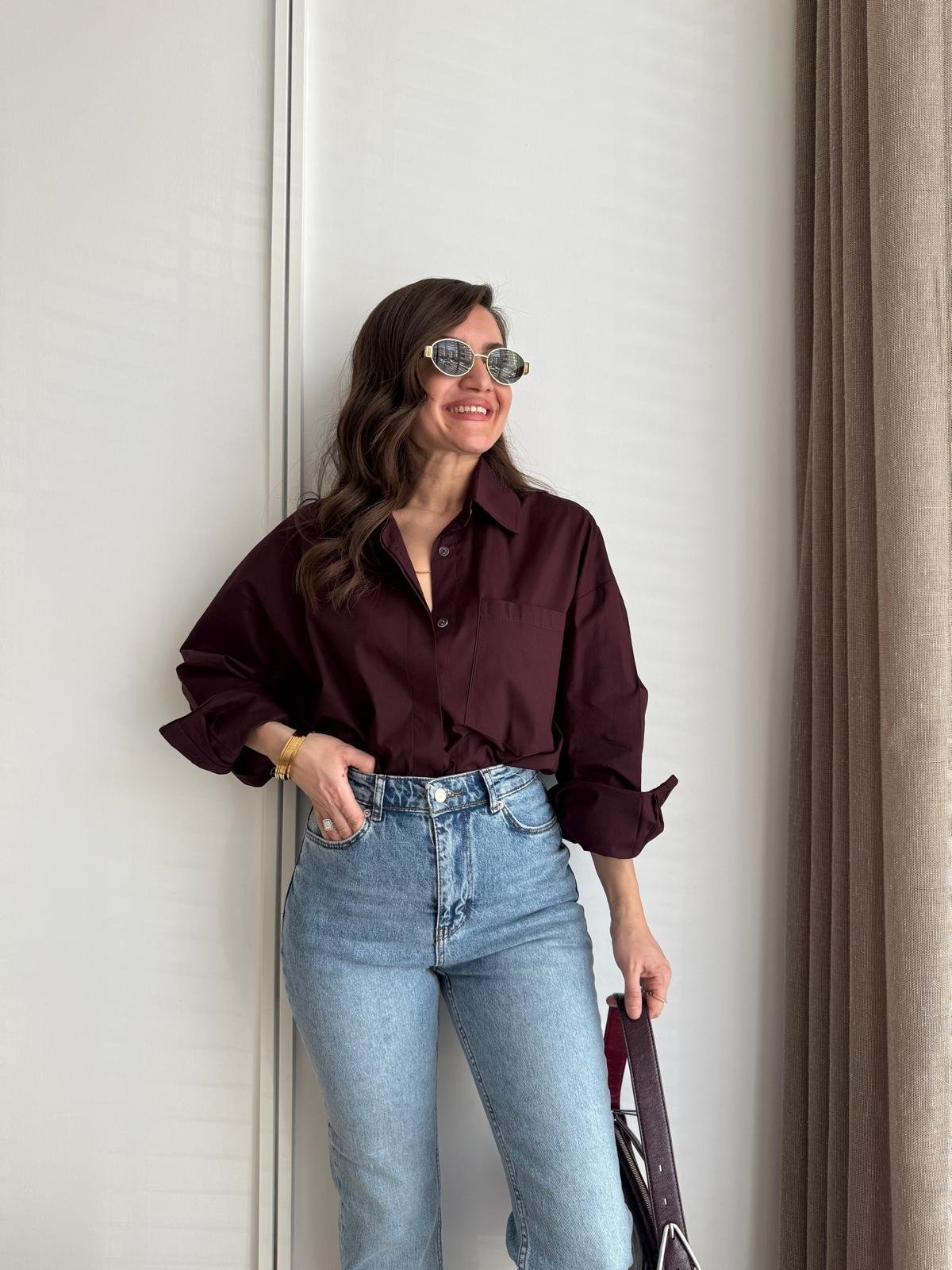 Bordo Kol Manşetli Cepli Oversize Gömlek 5260