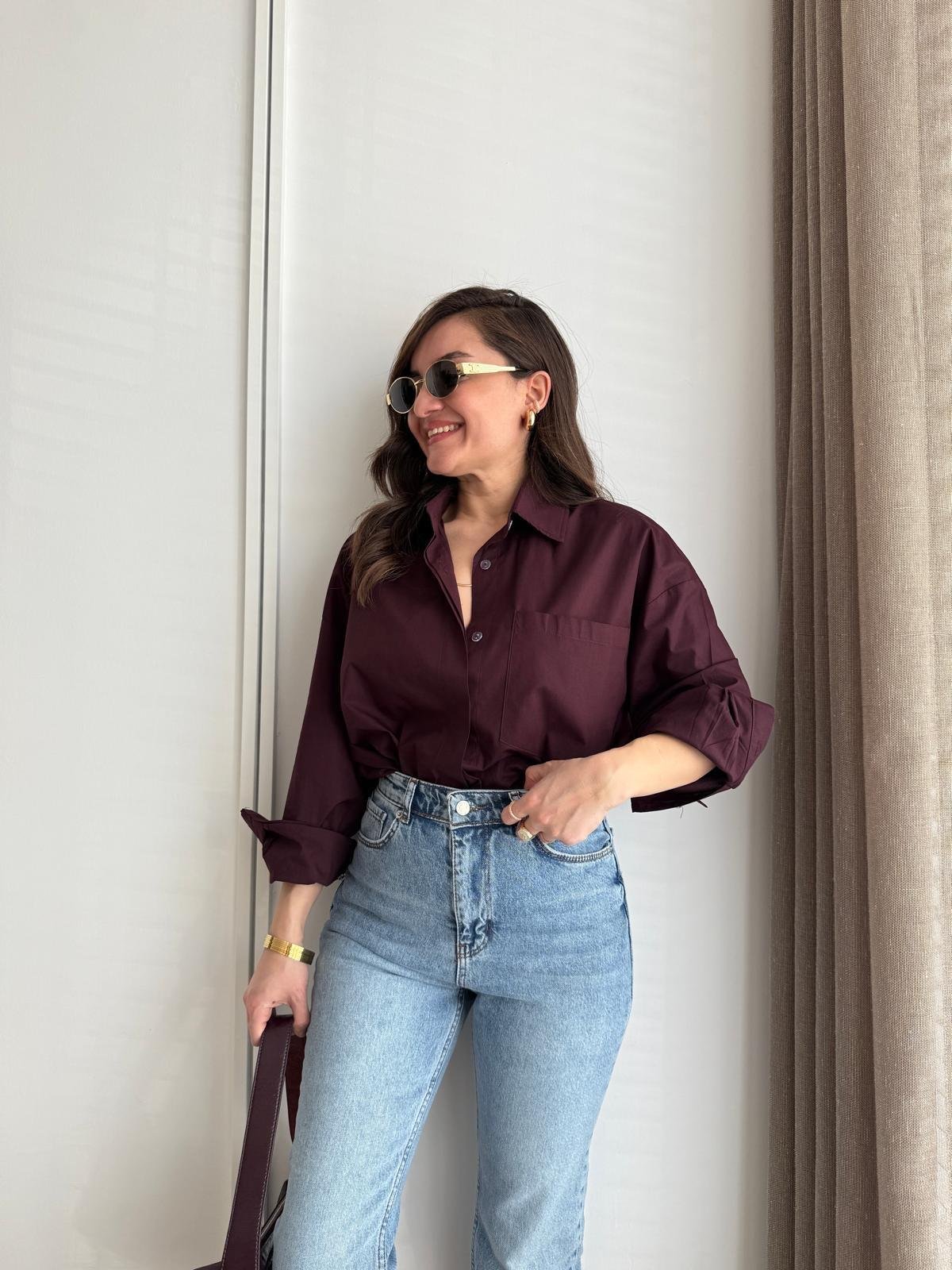 Bordo Kol Manşetli Cepli Oversize Gömlek 5260