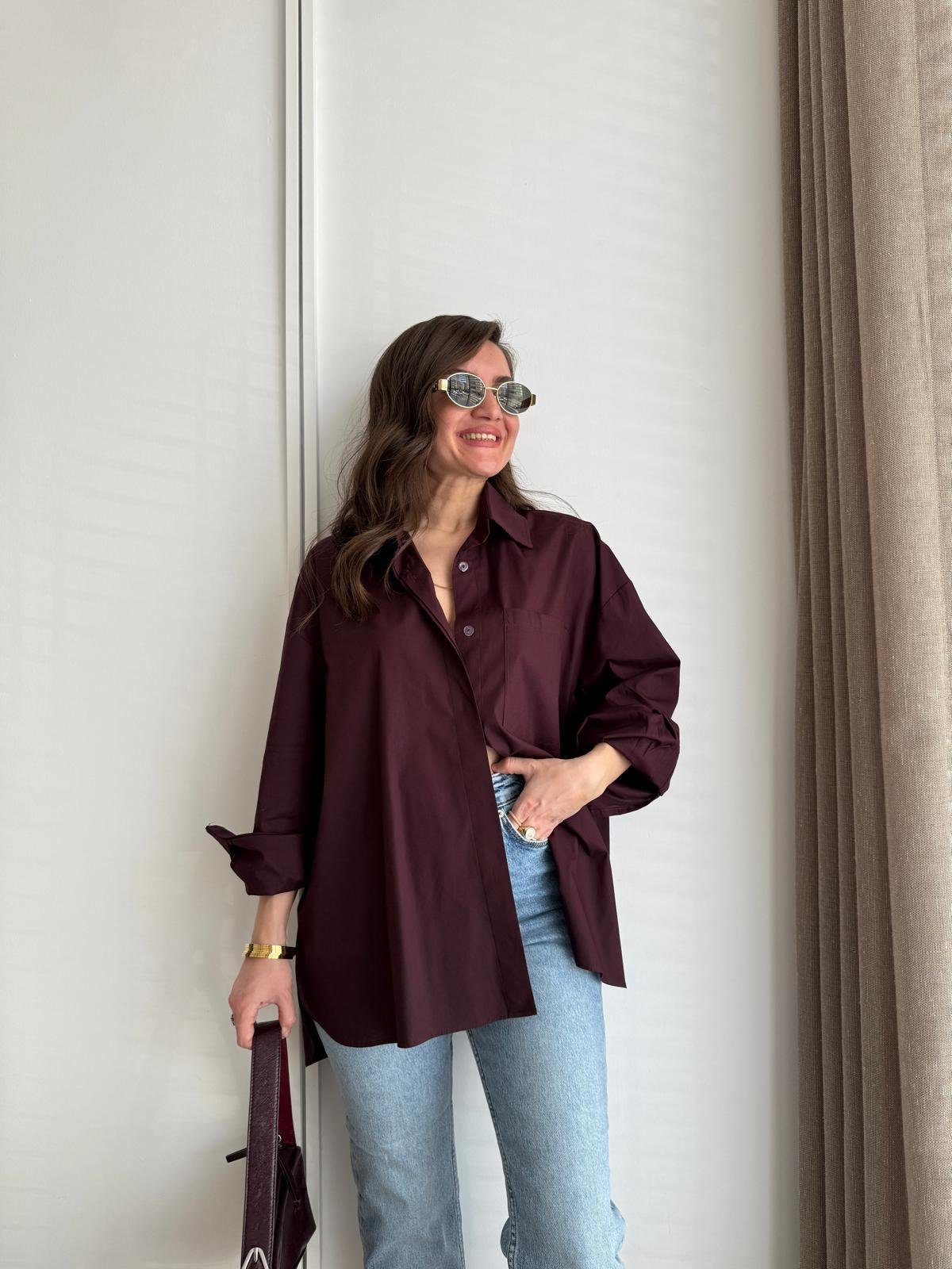 Bordo Kol Manşetli Cepli Oversize Gömlek 5260