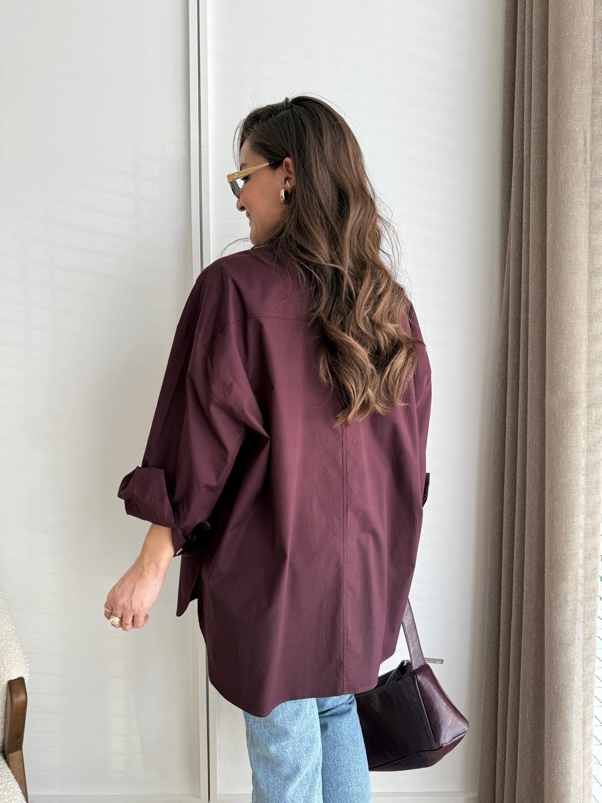 Bordo Kol Manşetli Cepli Oversize Gömlek 5260