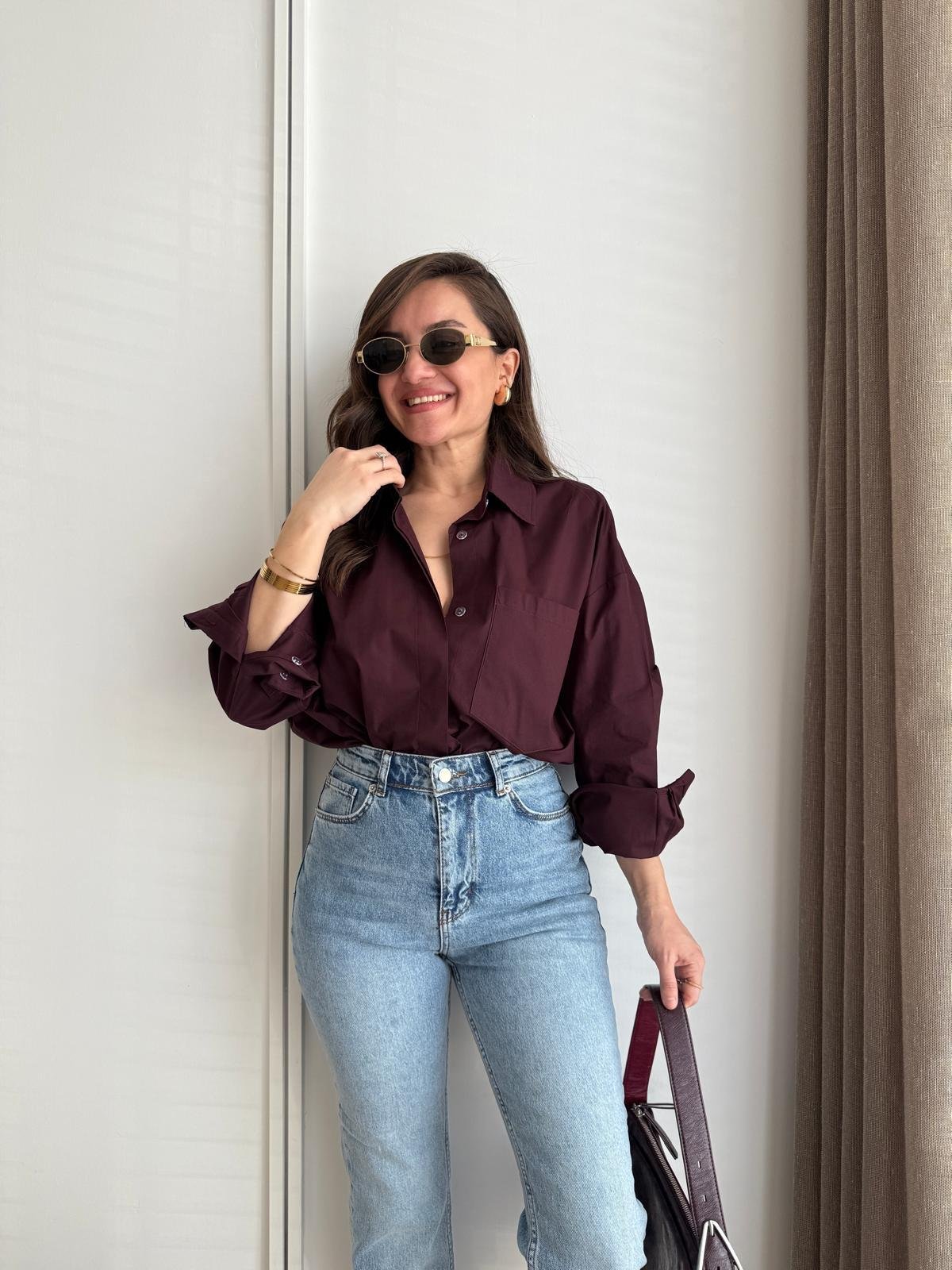 Bordo Kol Manşetli Cepli Oversize Gömlek 5260