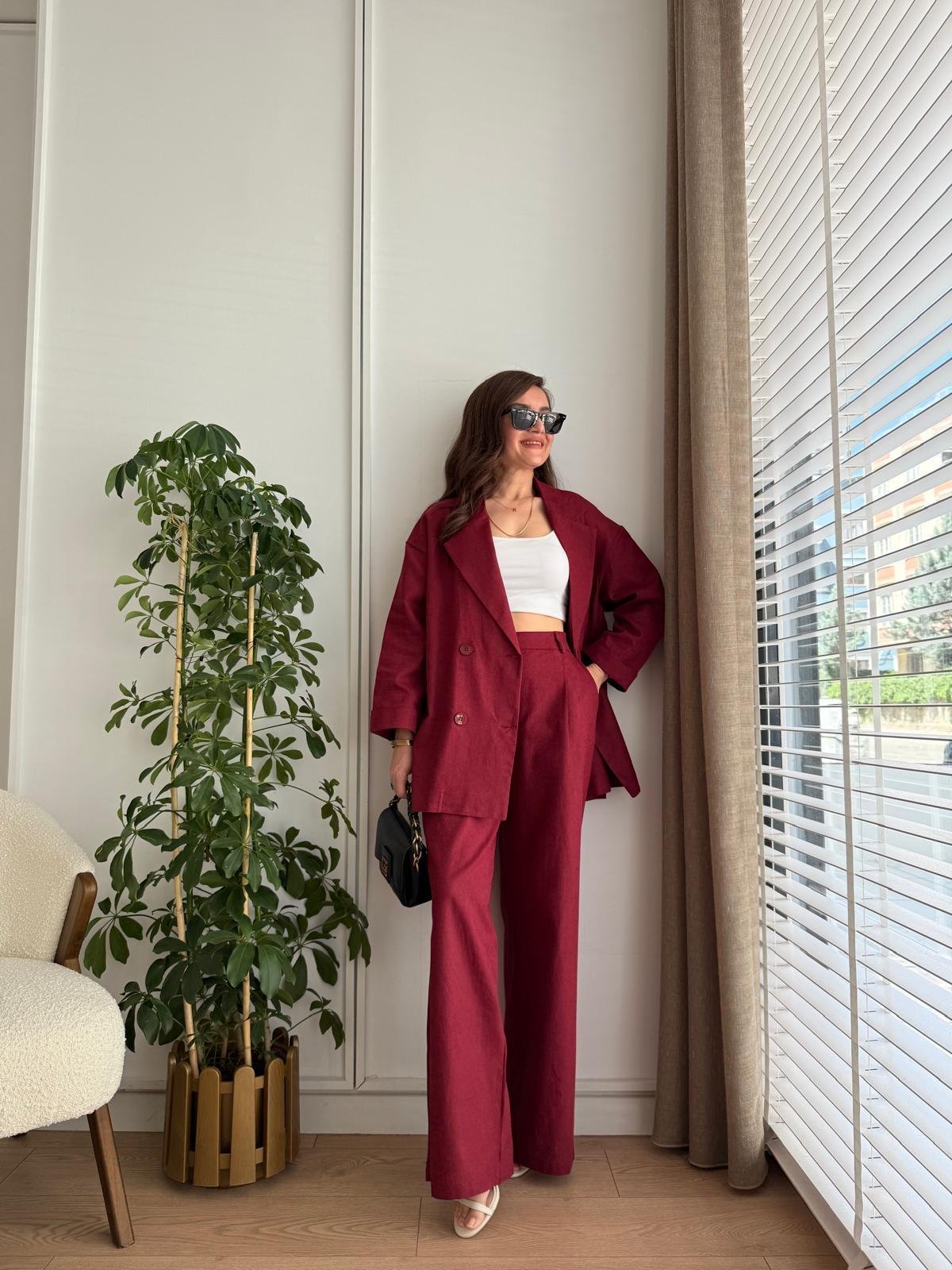 Bordo Kruvaze Yaka Double Kol Ceket Pantolon Takım 7229