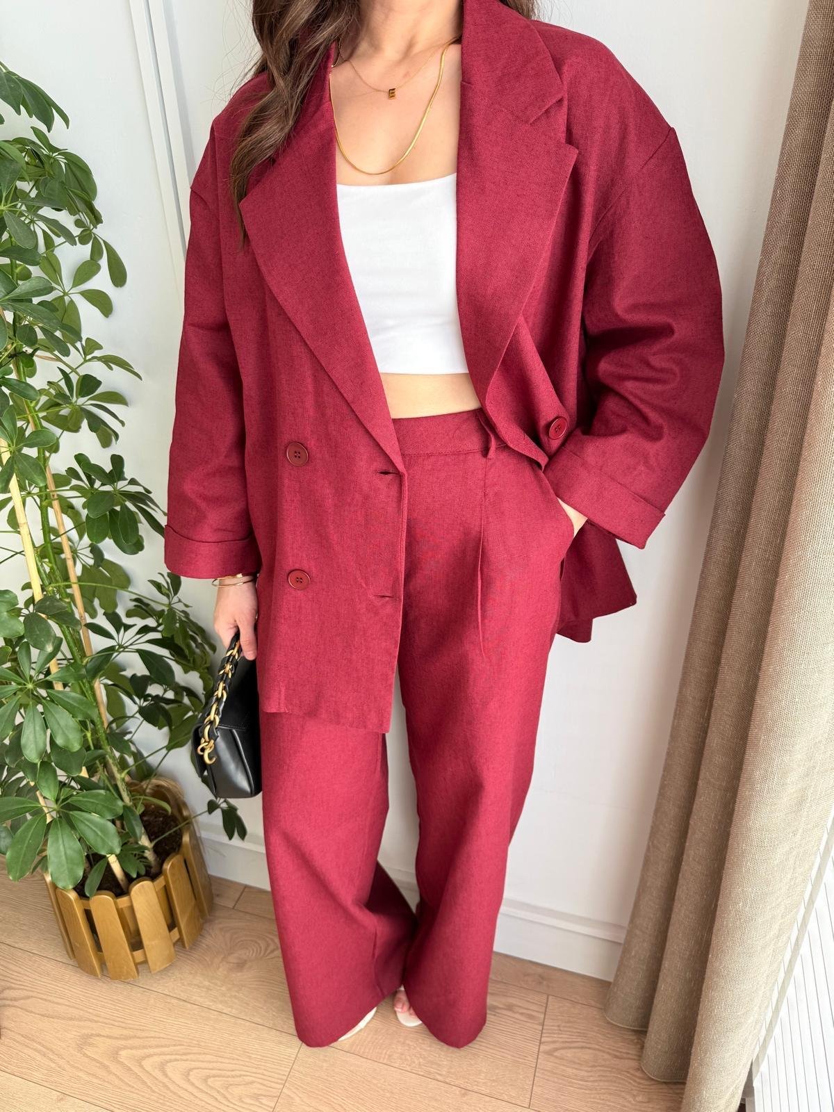 Bordo Kruvaze Yaka Double Kol Ceket Pantolon Takım 7229