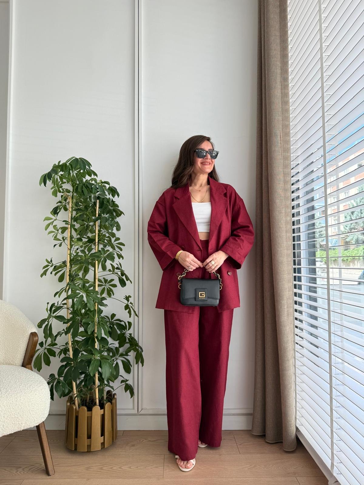 Bordo Kruvaze Yaka Double Kol Ceket Pantolon Takım 7229