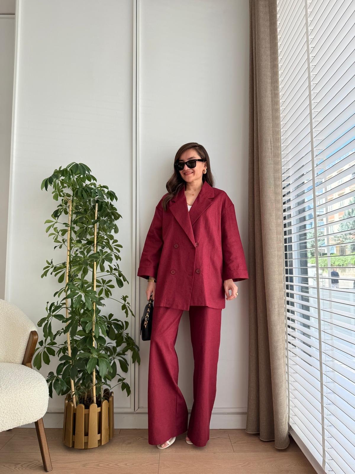 Bordo Kruvaze Yaka Double Kol Ceket Pantolon Takım 7229