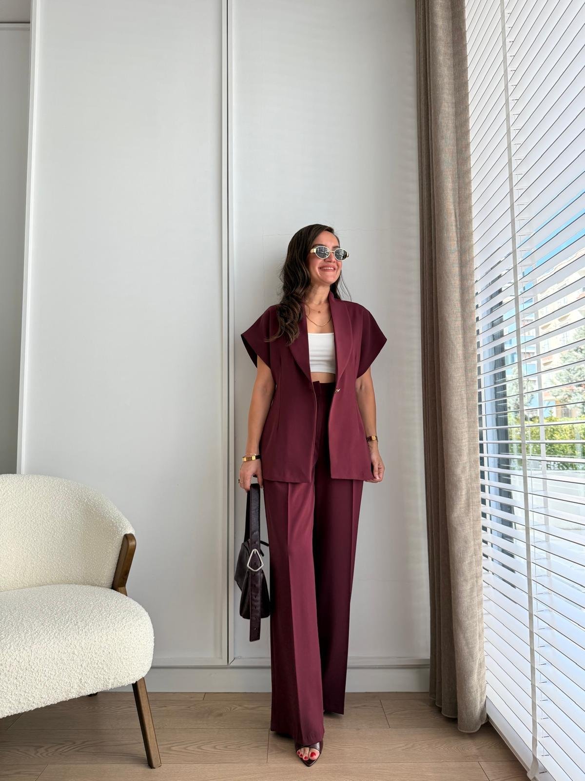 Bordo Kruvaze Yaka Gold Düğmeli Yelek Pantolon Takım 8789