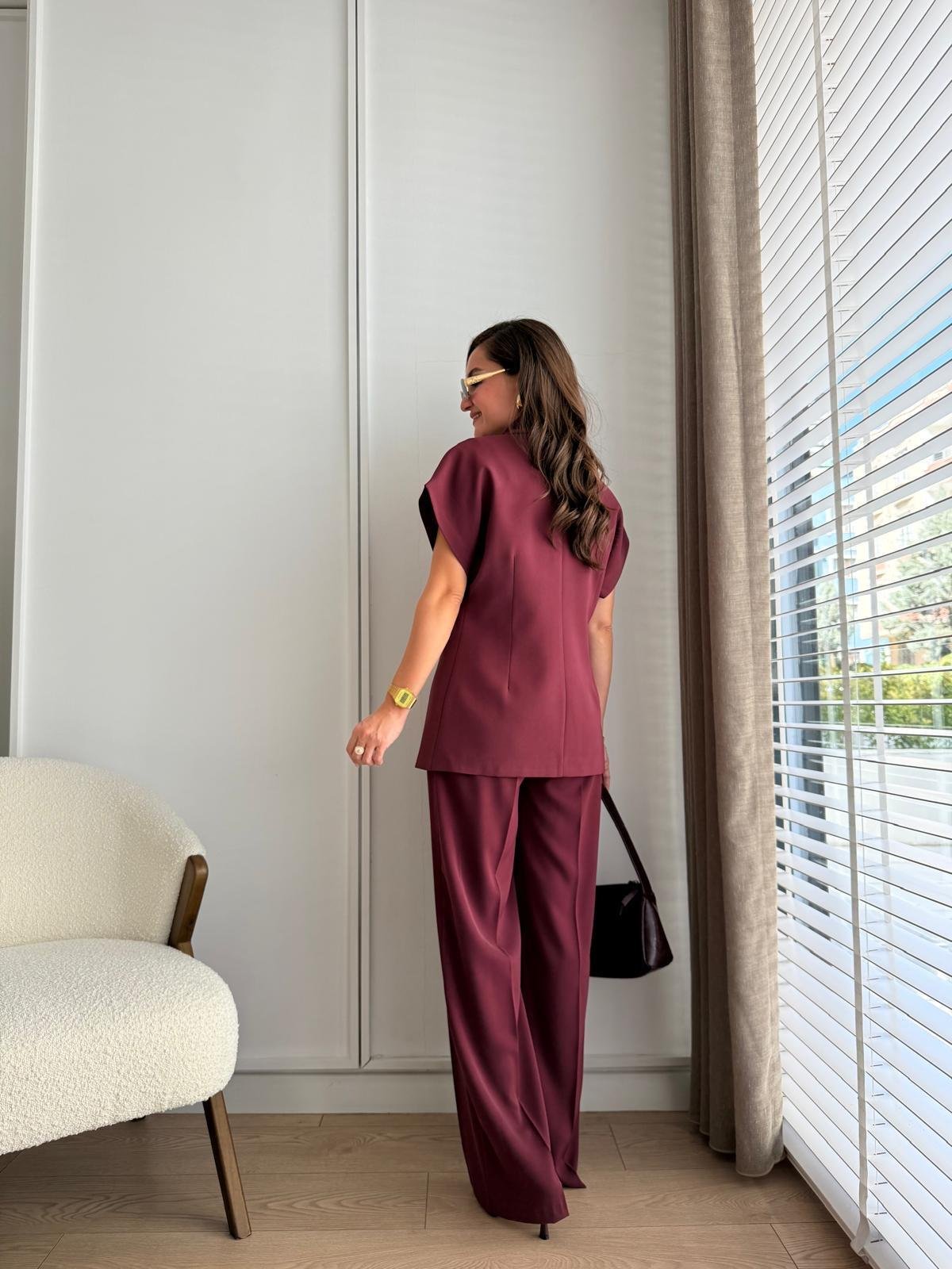 Bordo Kruvaze Yaka Gold Düğmeli Yelek Pantolon Takım 8789