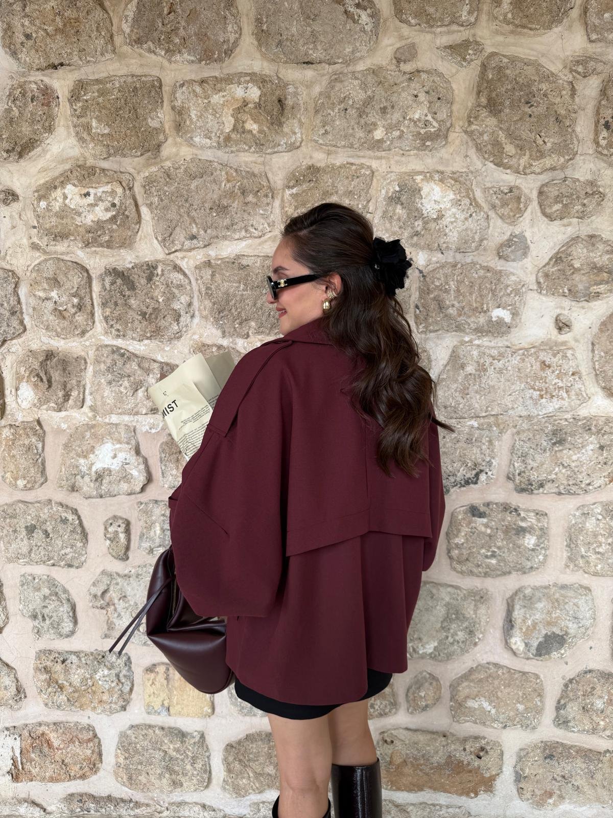 Bordo Kruvaze Yaka Kol Detaylı Kısa Trençkot 7537