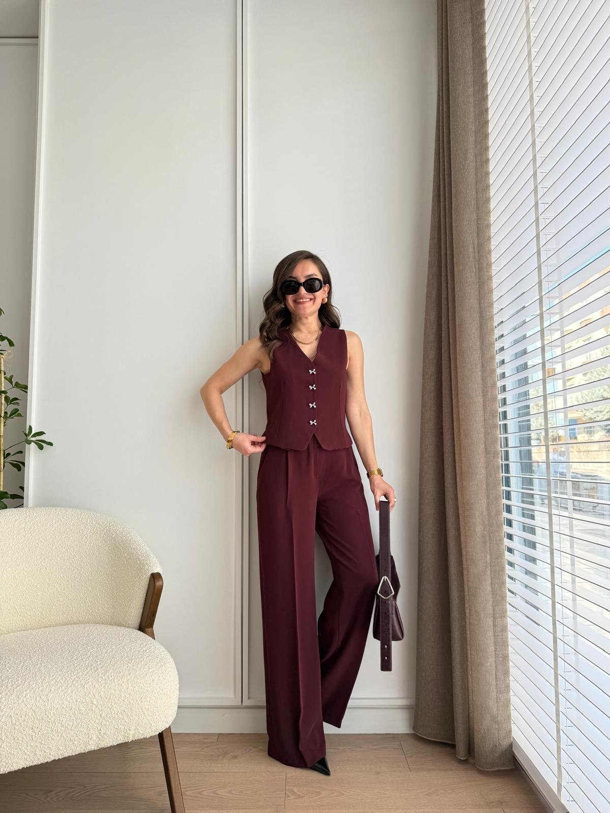 Bordo Kurdele Düğmeli Tasarım Yelek Pantolon Takım 8536
