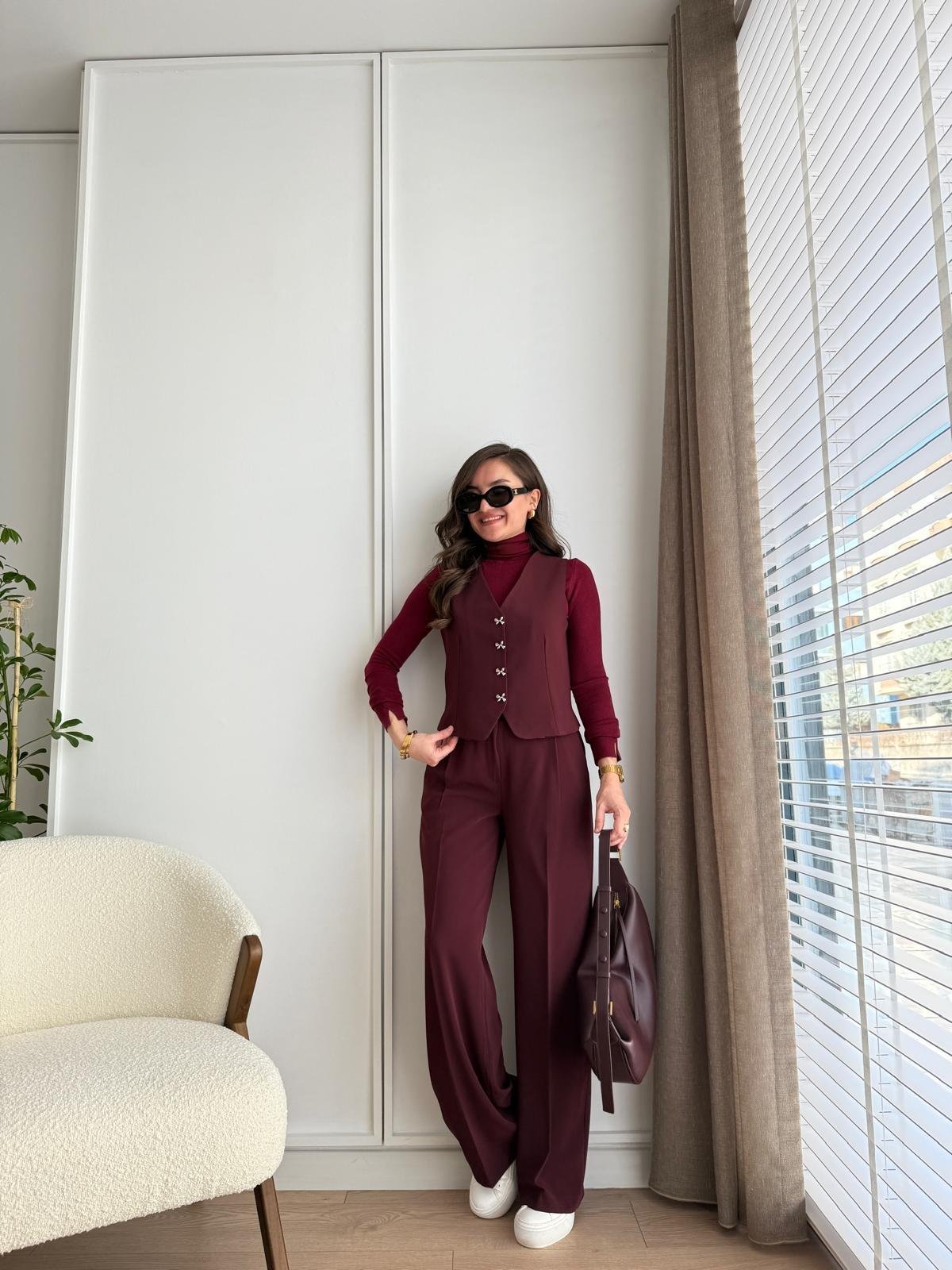 Bordo Kurdele Düğmeli Tasarım Yelek Pantolon Takım 8536
