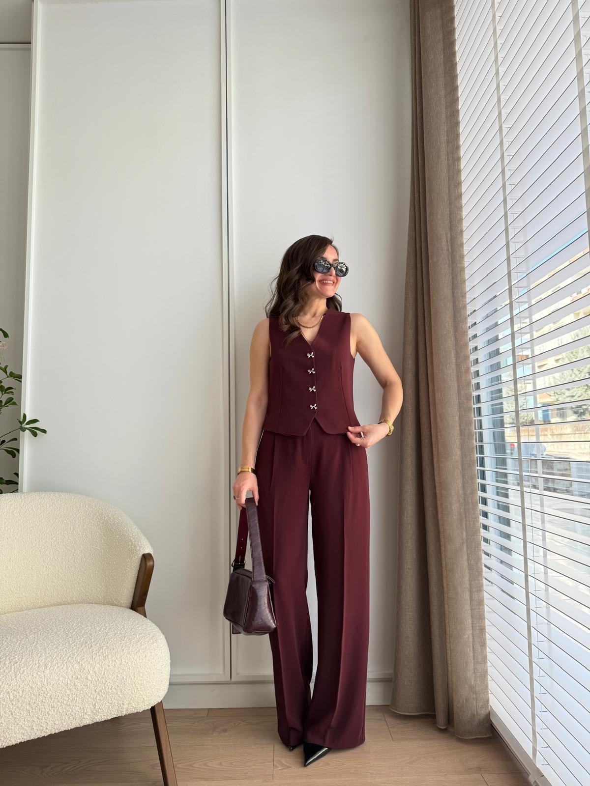 Bordo Kurdele Düğmeli Tasarım Yelek Pantolon Takım 8536