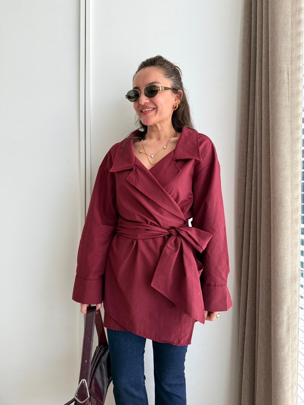 Bordo Kuşak Detaylı Poplin Gömlek 3164