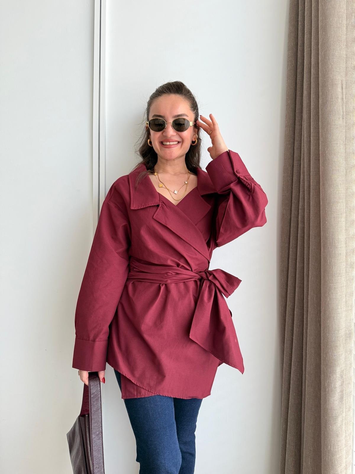 Bordo Kuşak Detaylı Poplin Gömlek 3164