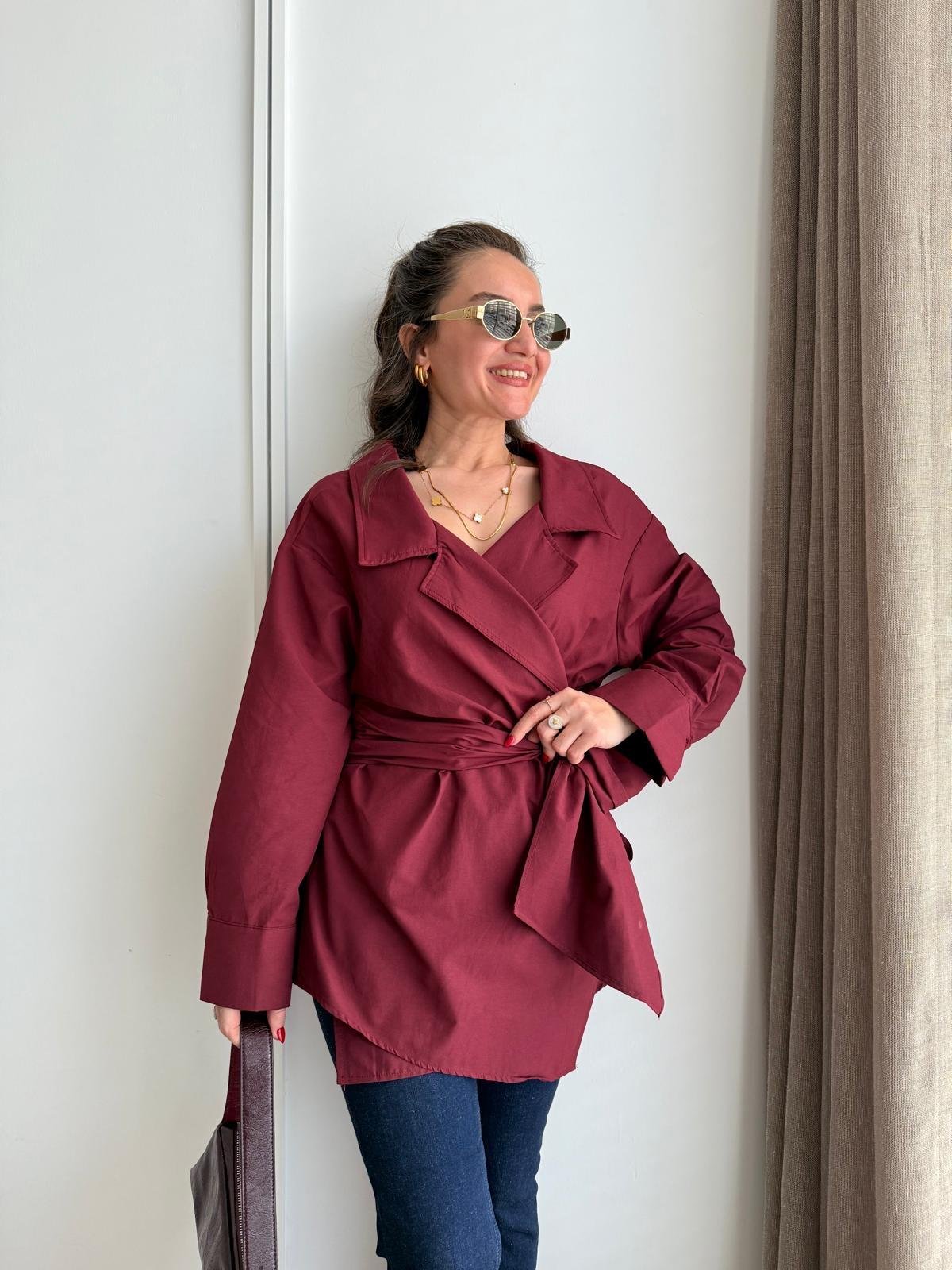 Bordo Kuşak Detaylı Poplin Gömlek 3164