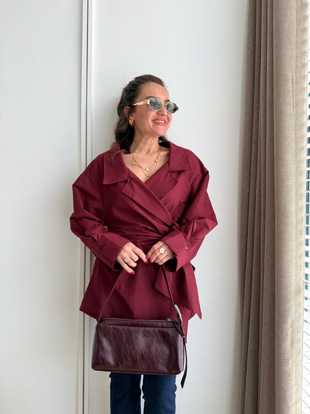 Bordo Kuşak Detaylı Poplin Gömlek 3164