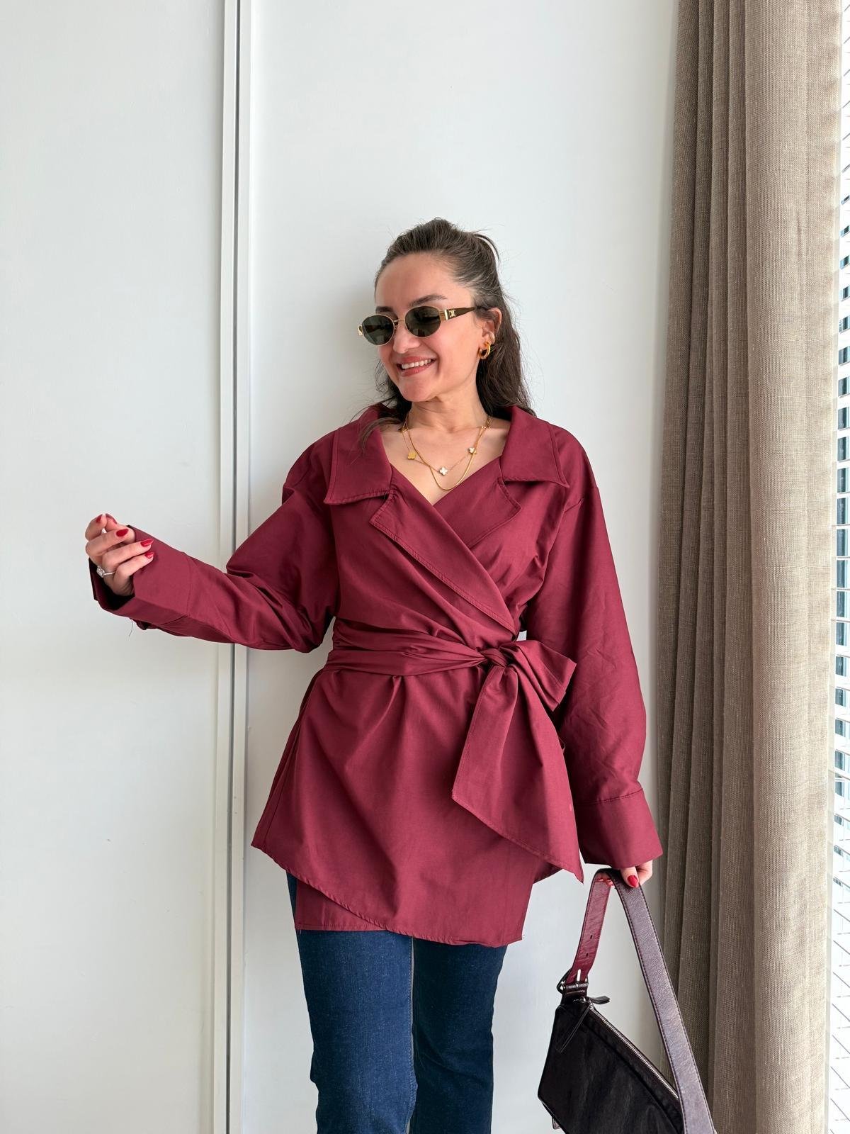 Bordo Kuşak Detaylı Poplin Gömlek 3164