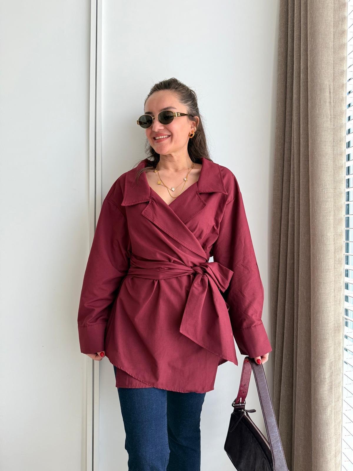 Bordo Kuşak Detaylı Poplin Gömlek 3164