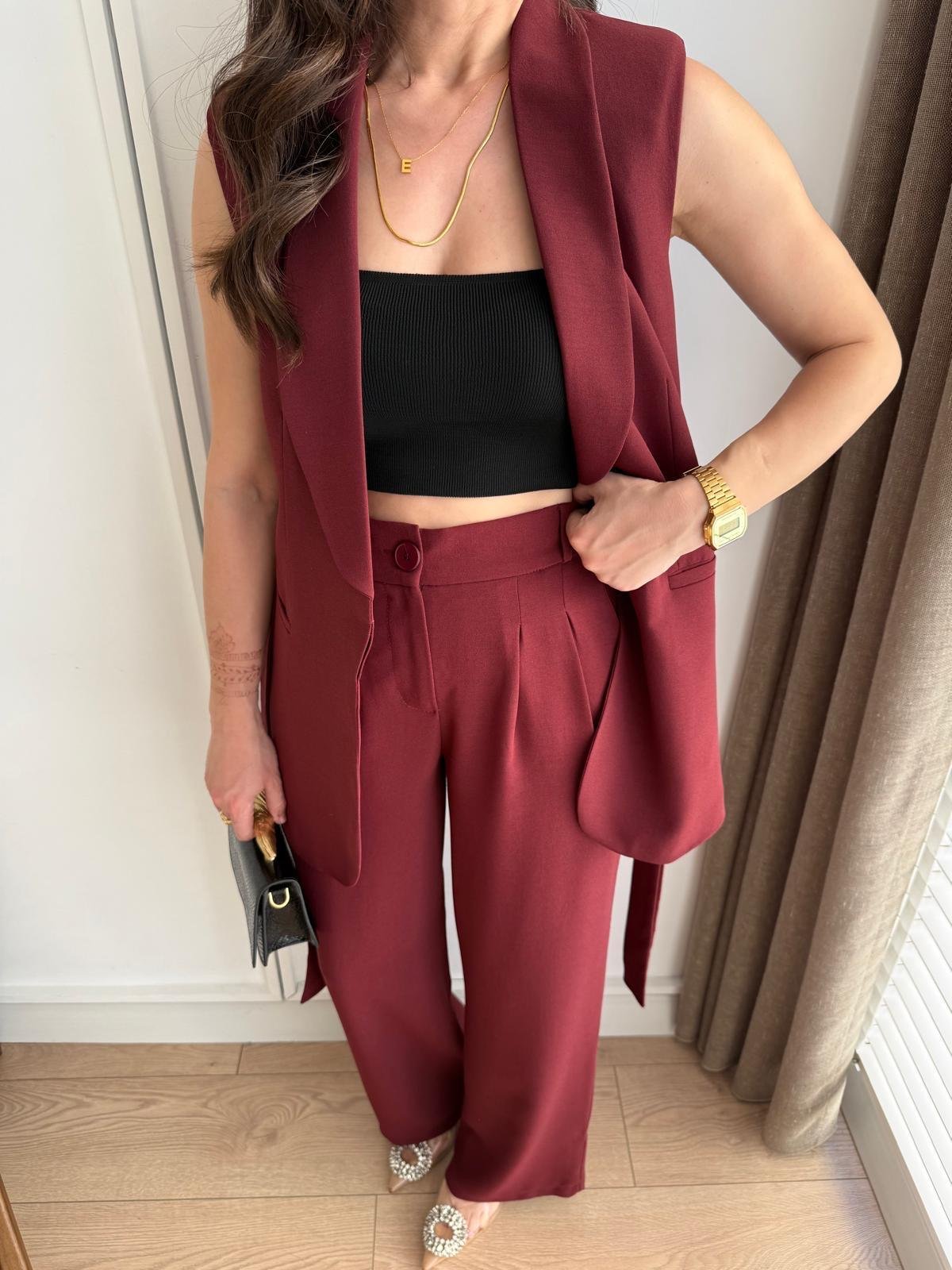 Bordo Kuşaklı Geniş Paça Pantolon Yelek Takım 00163