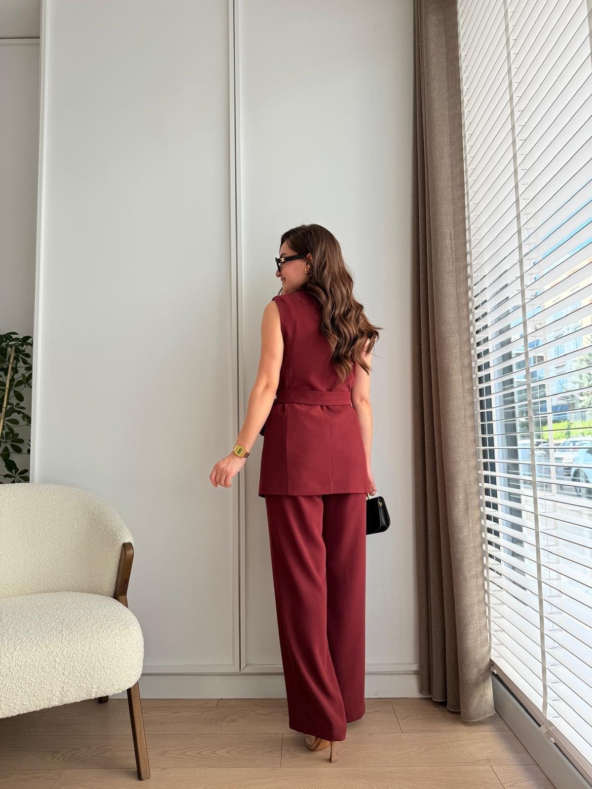 Bordo Kuşaklı Geniş Paça Pantolon Yelek Takım 00163