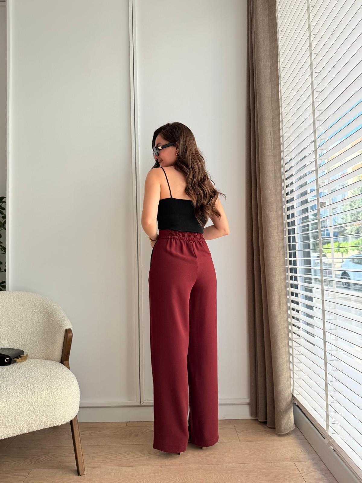 Bordo Kuşaklı Geniş Paça Pantolon Yelek Takım 00163