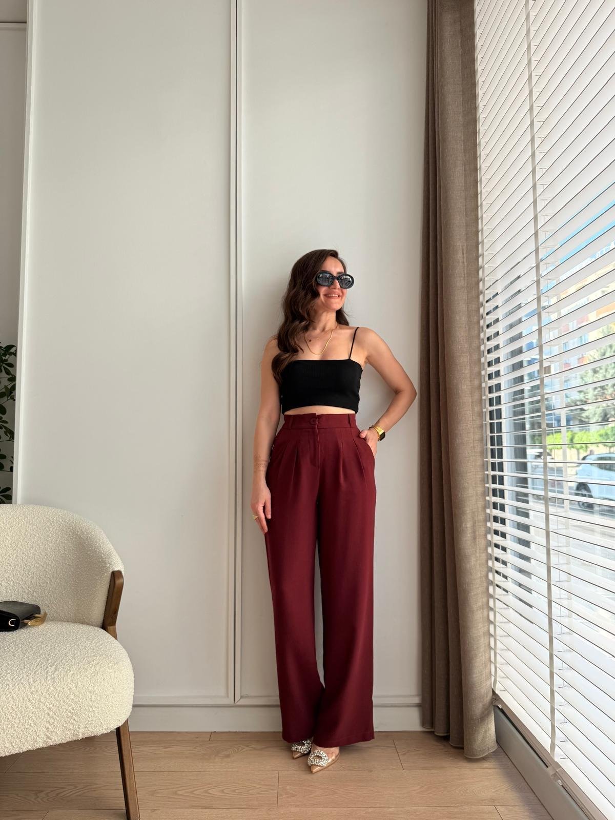 Bordo Kuşaklı Geniş Paça Pantolon Yelek Takım 00163