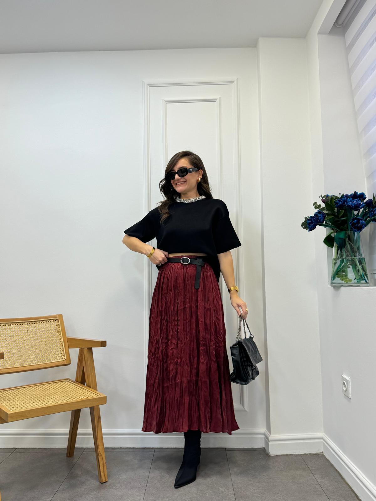 Bordo Lüx Kalite Kırışık Kumaş Midi Boy Etek 3240