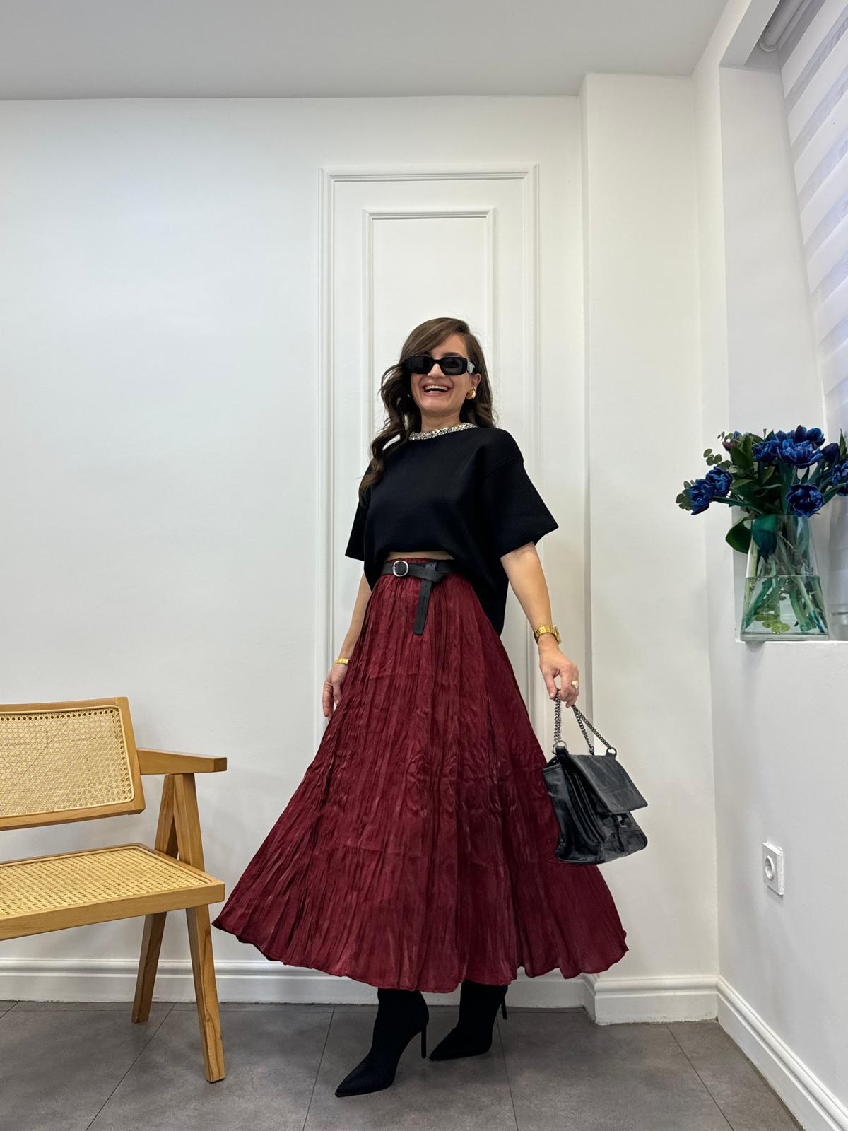 Bordo Lüx Kalite Kırışık Kumaş Midi Boy Etek 3240