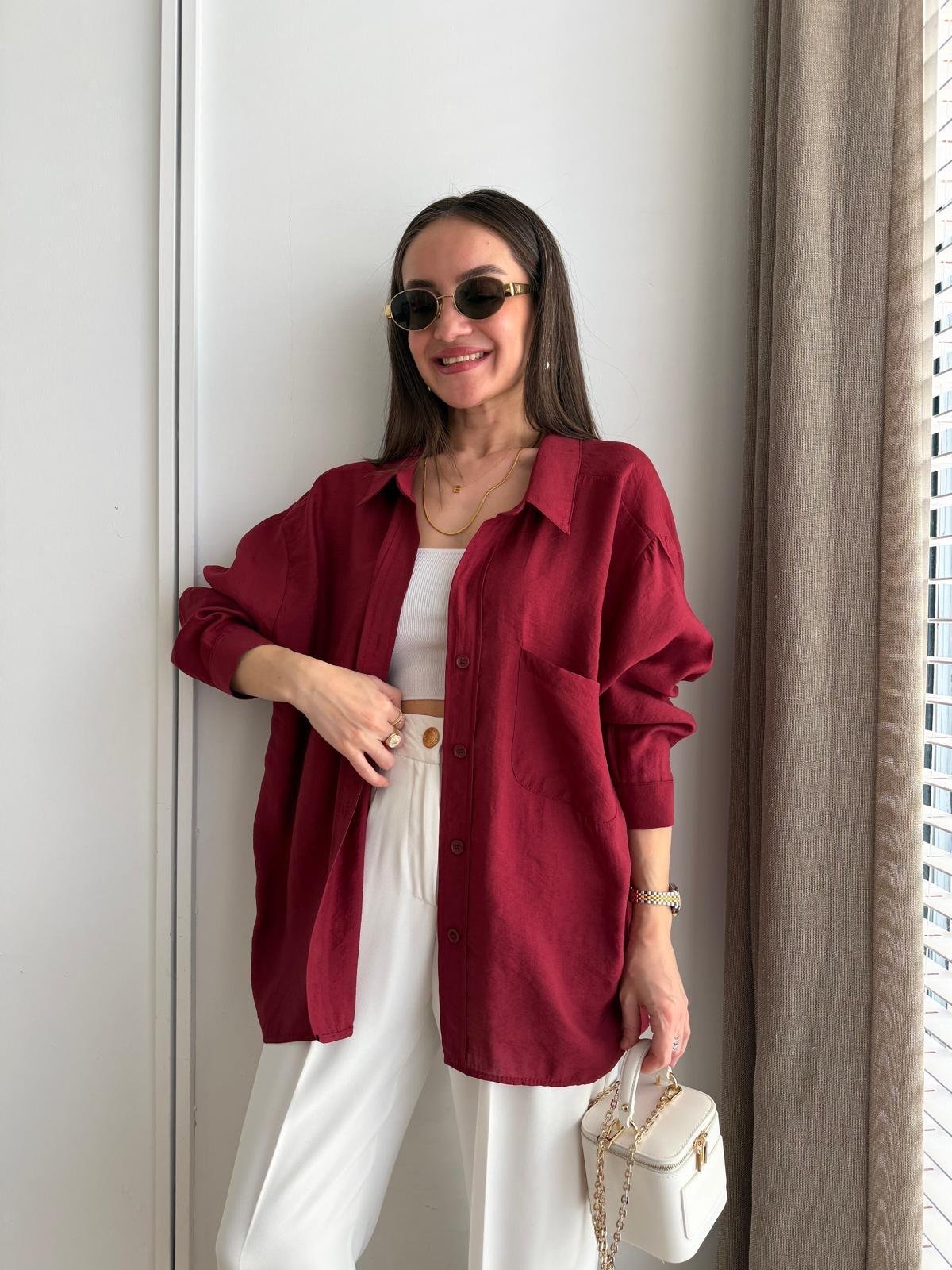 Bordo Lüx Kalite Oversize Gömlek 4612